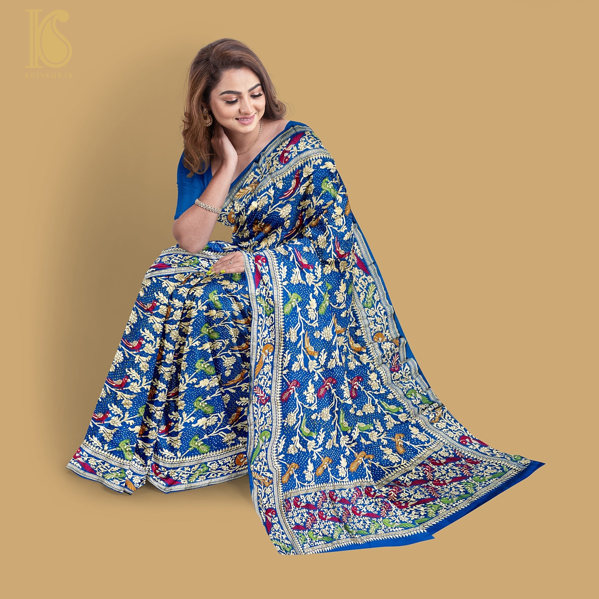 Preorder : Cerulean Blue Pure Georgette Handloom Banarasi Birds of Paradise Saree - Khinkhwab