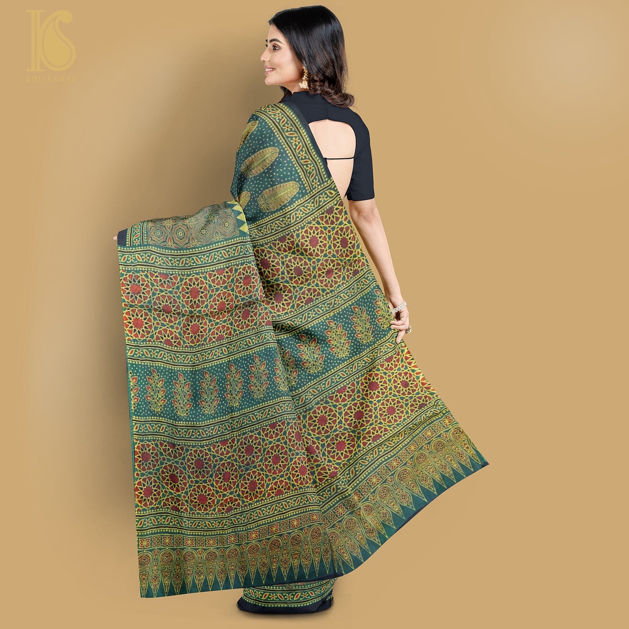 Teal Blue Hand Block Ajrakh Modal Silk Saree - Khinkhwab