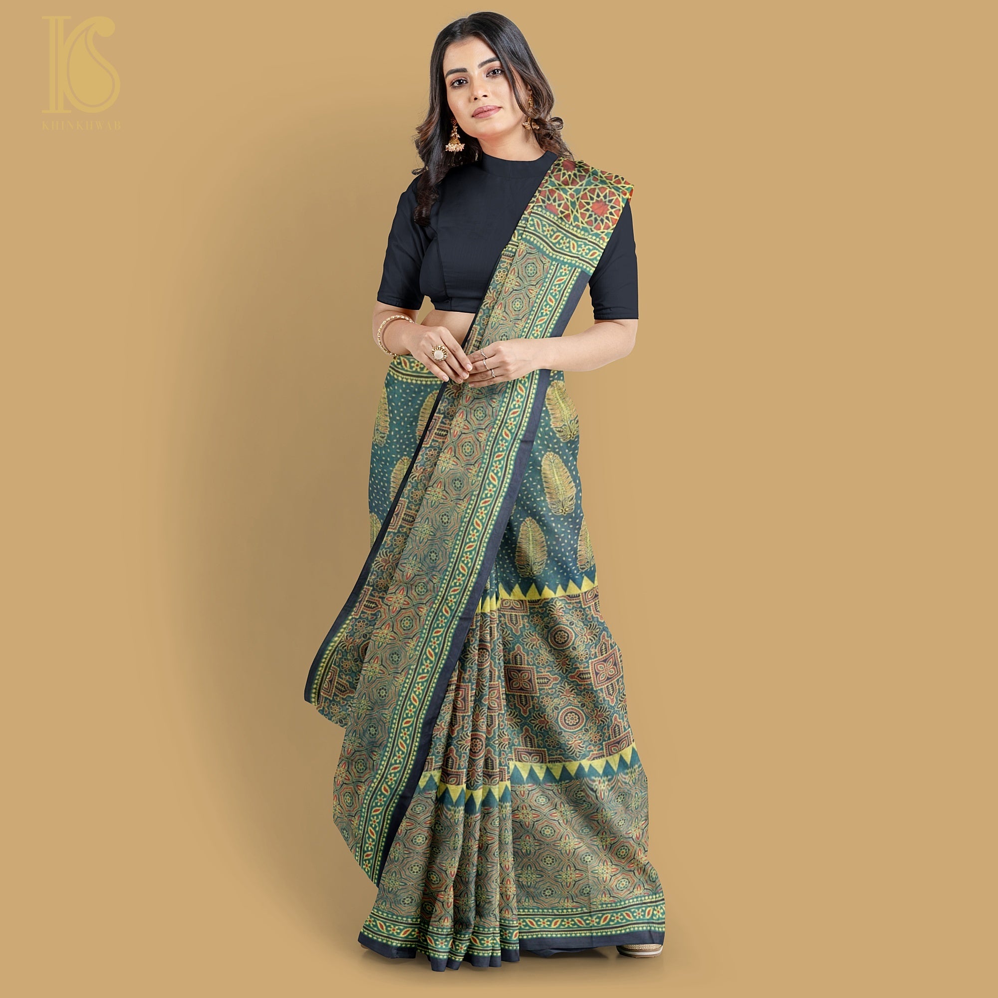Teal Blue Hand Block Ajrakh Modal Silk Saree - Khinkhwab