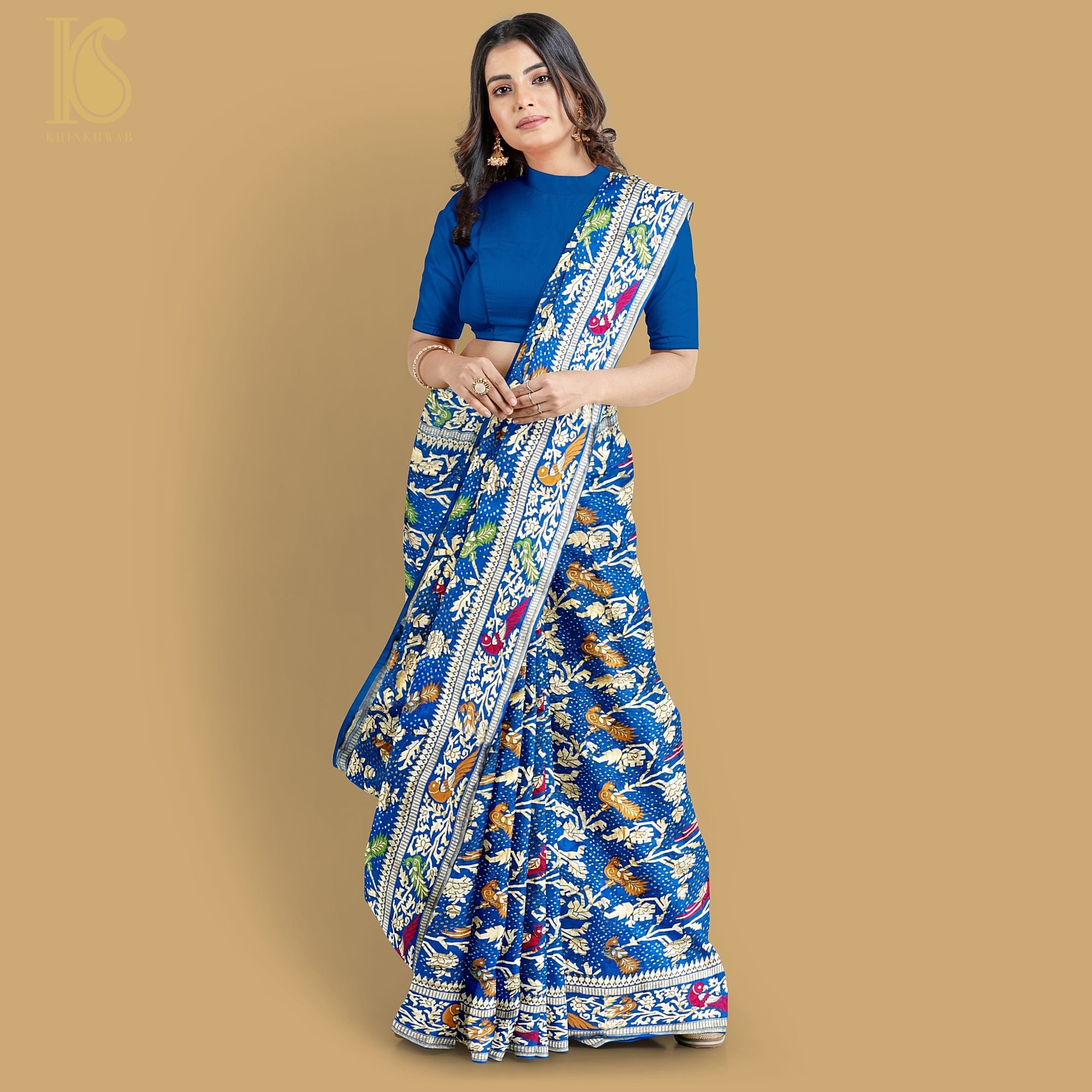 Preorder : Cerulean Blue Pure Georgette Handloom Banarasi Birds of Paradise Saree - Khinkhwab