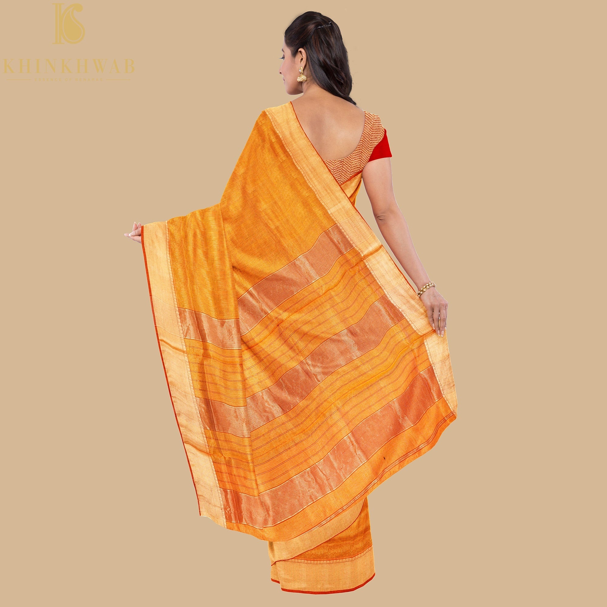 Orange Handwoven Pure Cotton Silk Maheshwari Saree - Khinkhwab