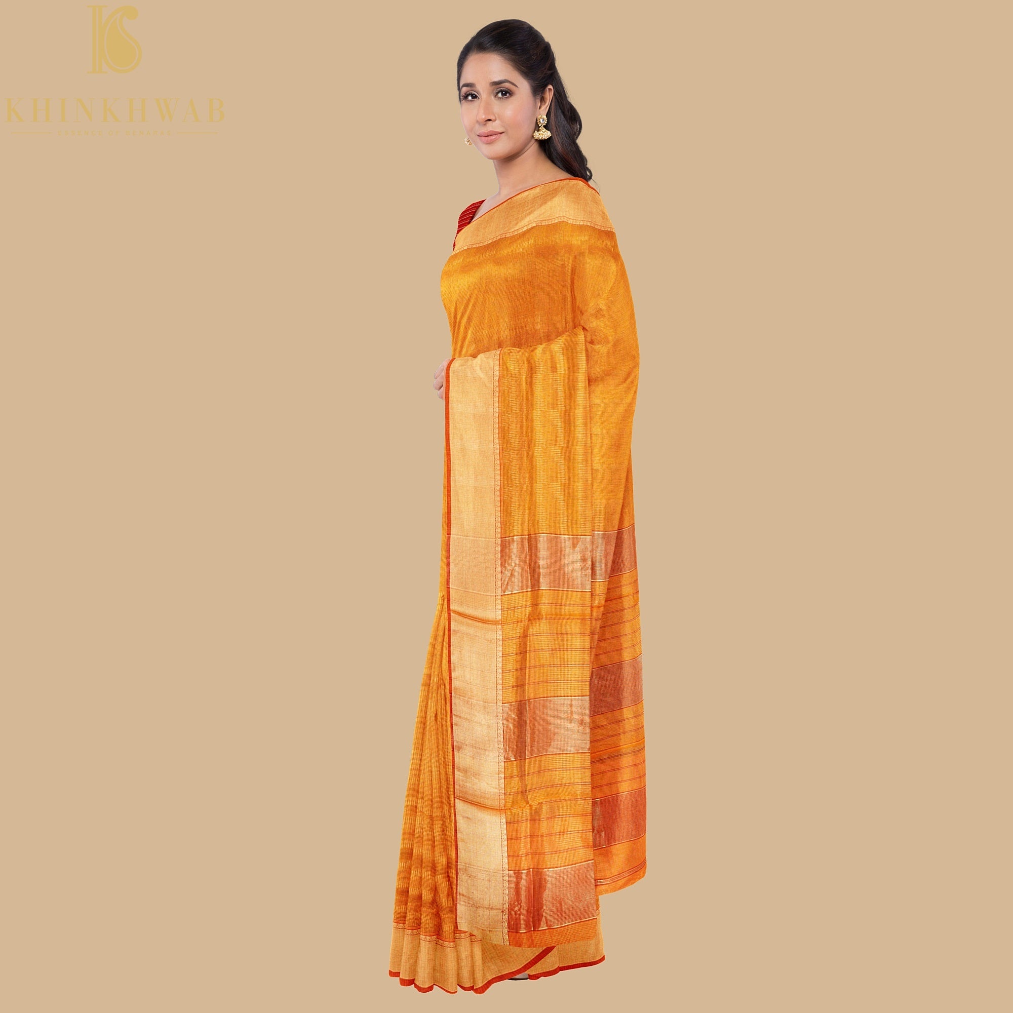 Orange Handwoven Pure Cotton Silk Maheshwari Saree - Khinkhwab