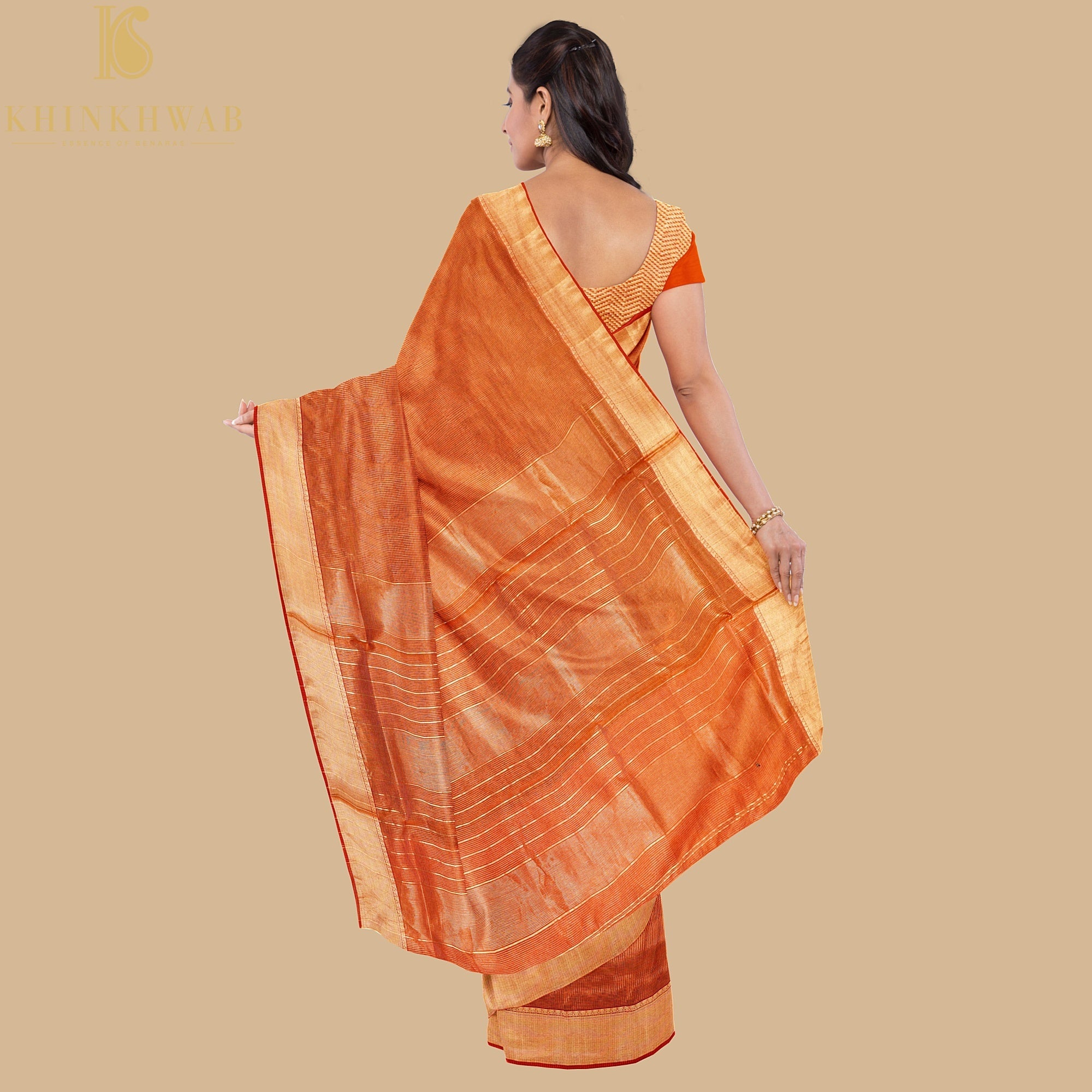 Tawny Orange Handwoven Pure Cotton Silk Maheshwari Saree - Khinkhwab
