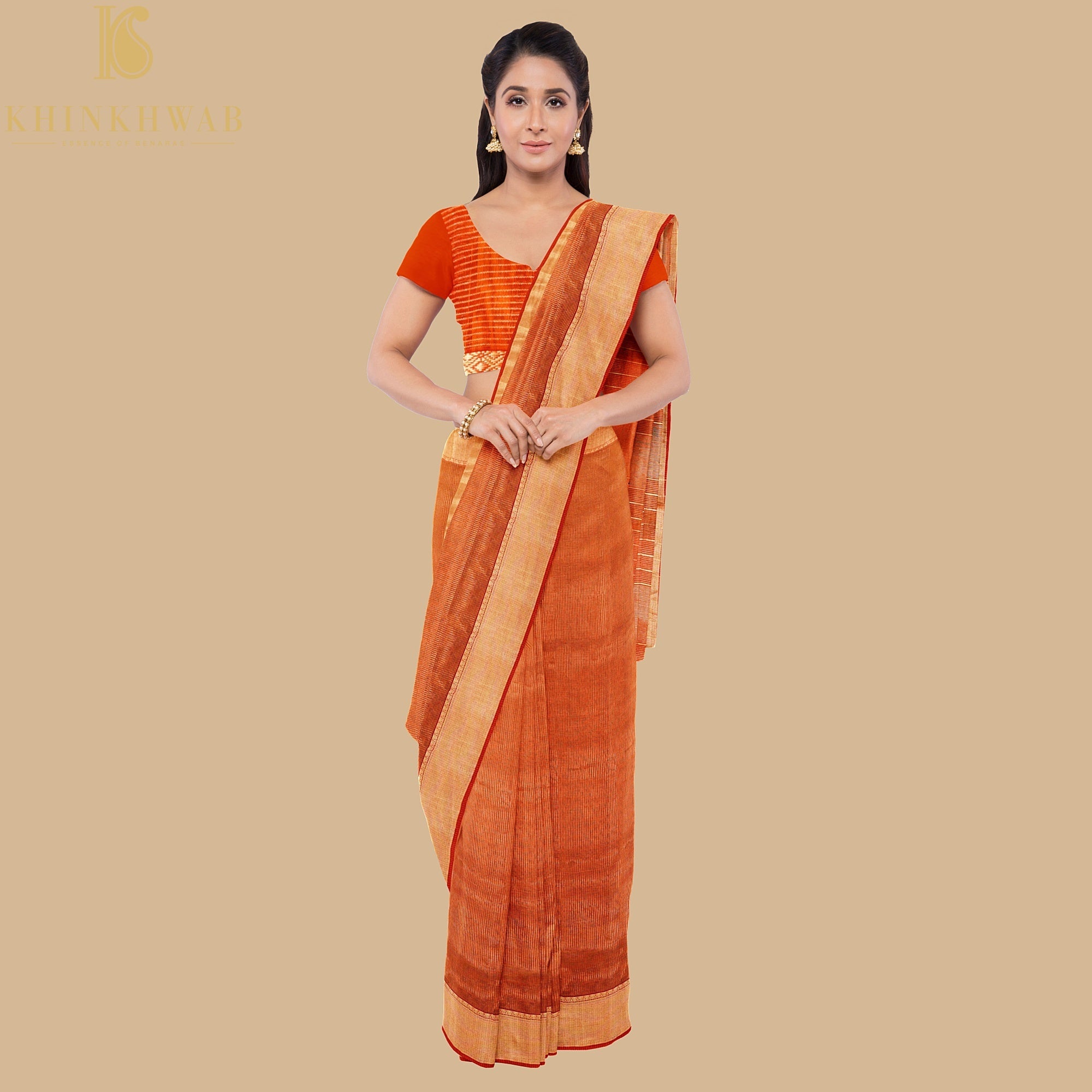 Tawny Orange Handwoven Pure Cotton Silk Maheshwari Saree - Khinkhwab