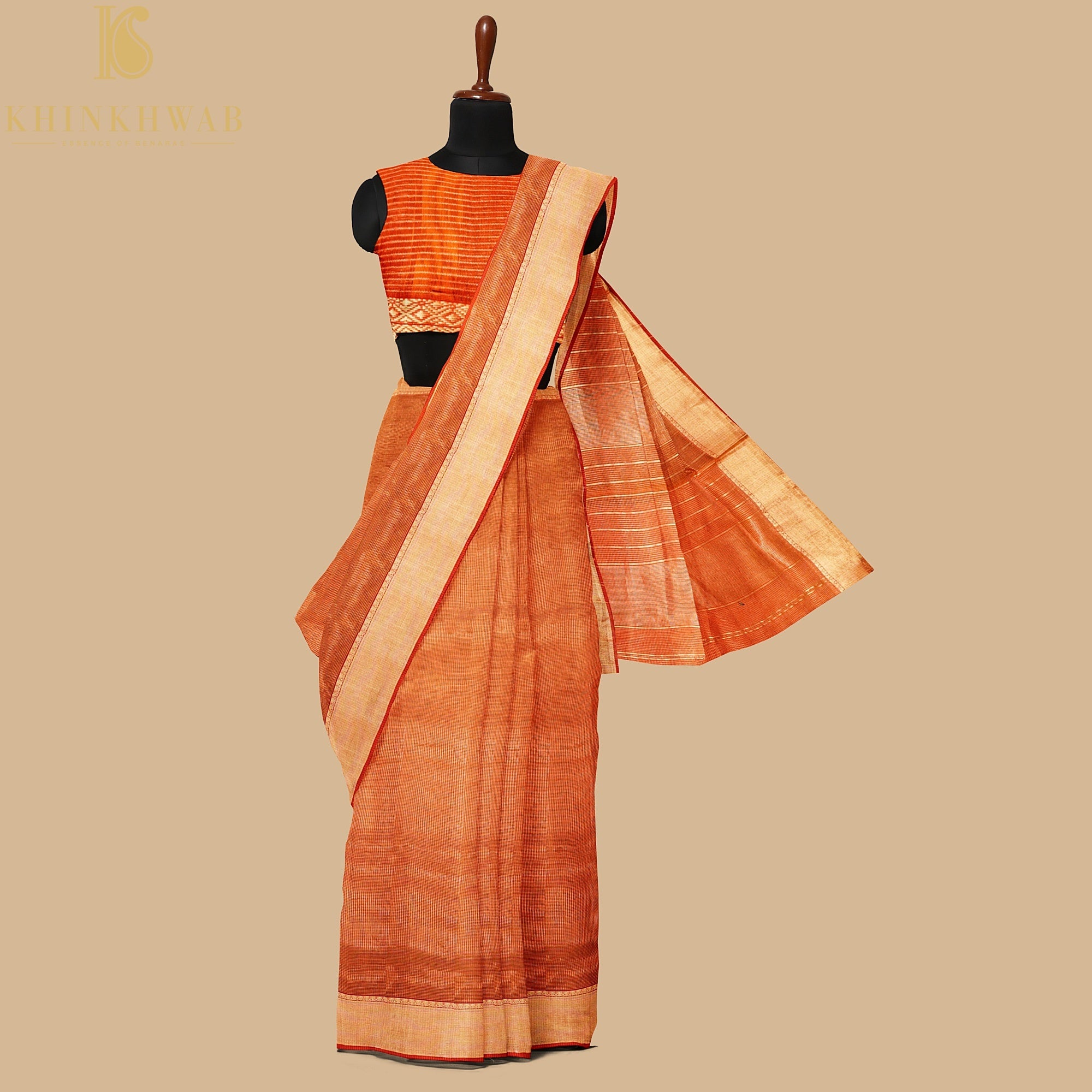 Tawny Orange Handwoven Pure Cotton Silk Maheshwari Saree - Khinkhwab