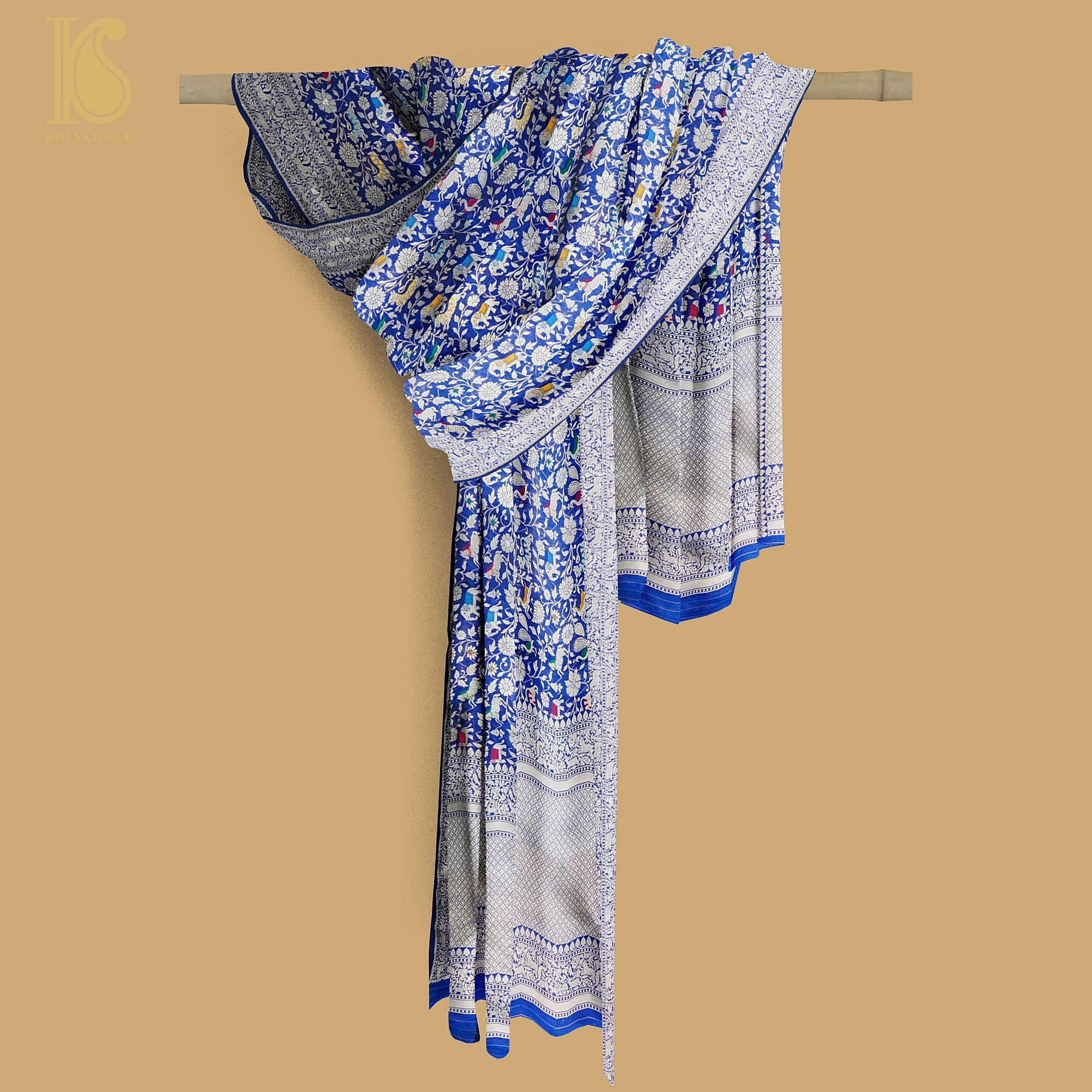 Egyptian Blue Pure Katan Silk Handwoven Banarasi Shikargah Dupatta - Khinkhwab