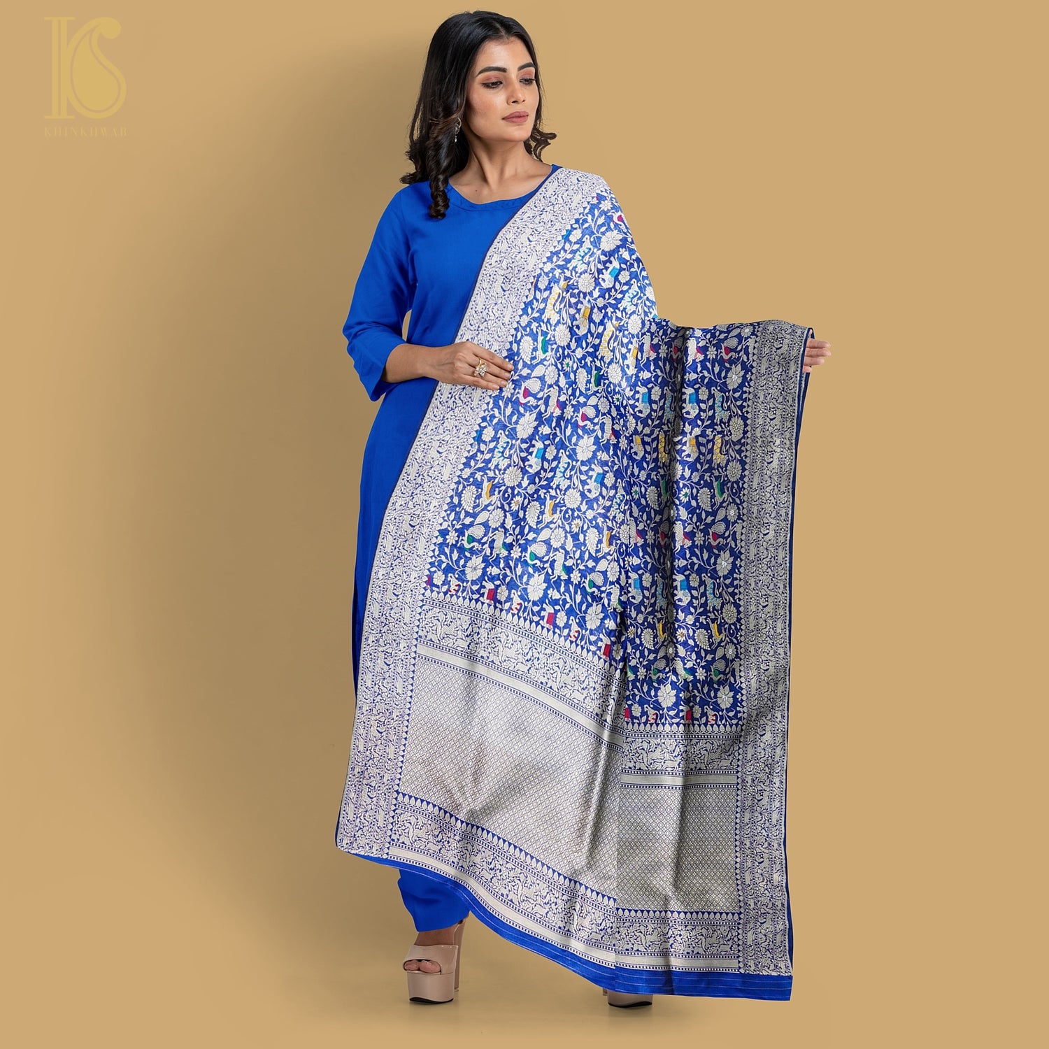 Egyptian Blue Pure Katan Silk Handwoven Banarasi Shikargah Dupatta - Khinkhwab