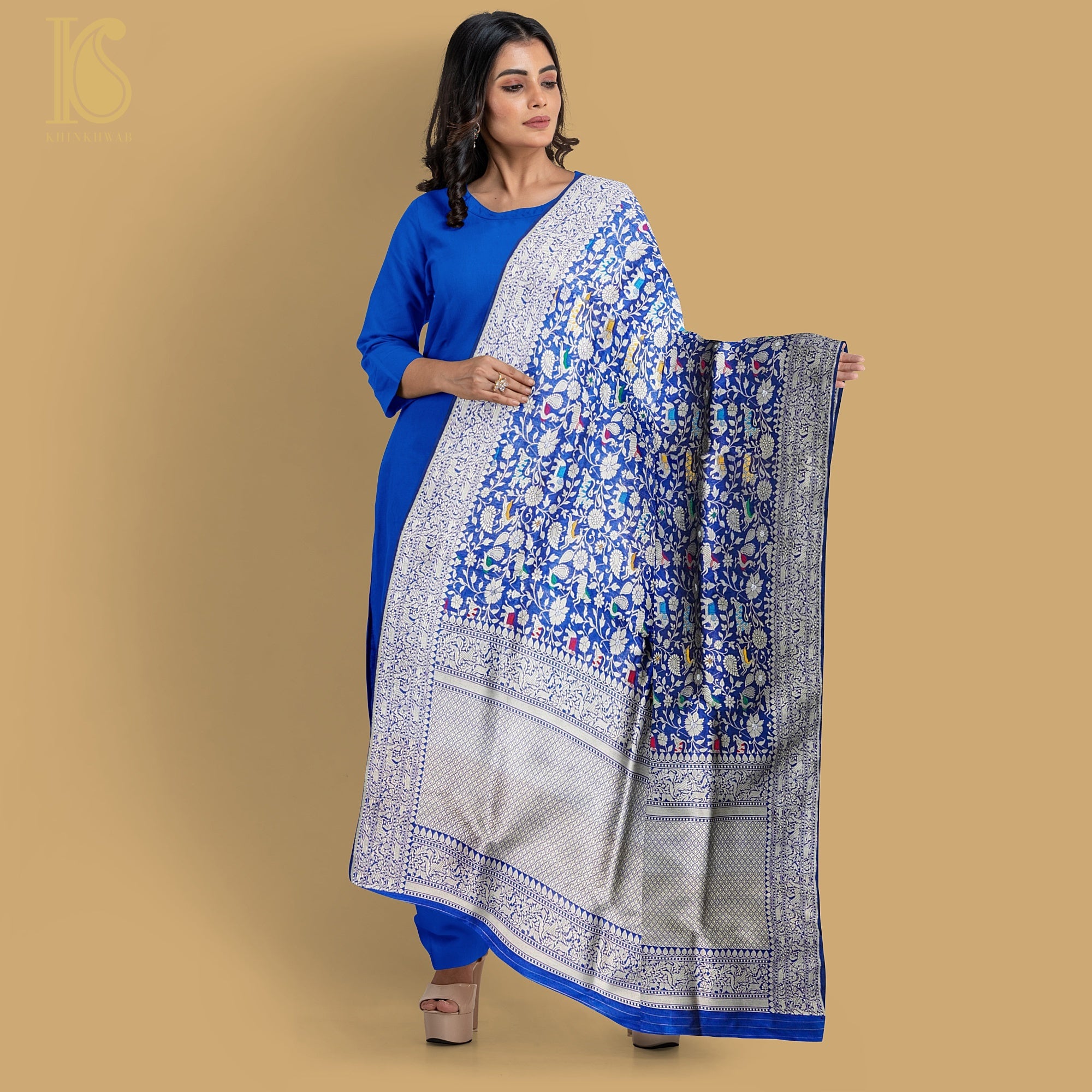Egyptian Blue Pure Katan Silk Handwoven Banarasi Shikargah Dupatta - Khinkhwab