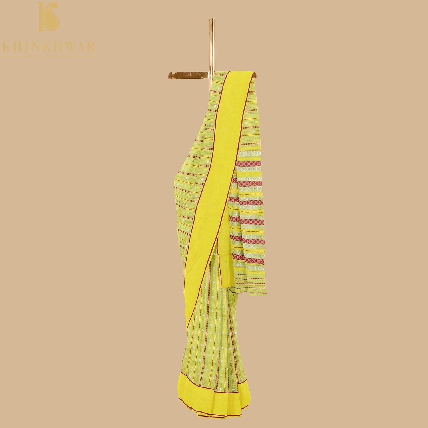 Handwoven Sunflower Yellow Real Zari Kota Silk Stripes Saree - Khinkhwab
