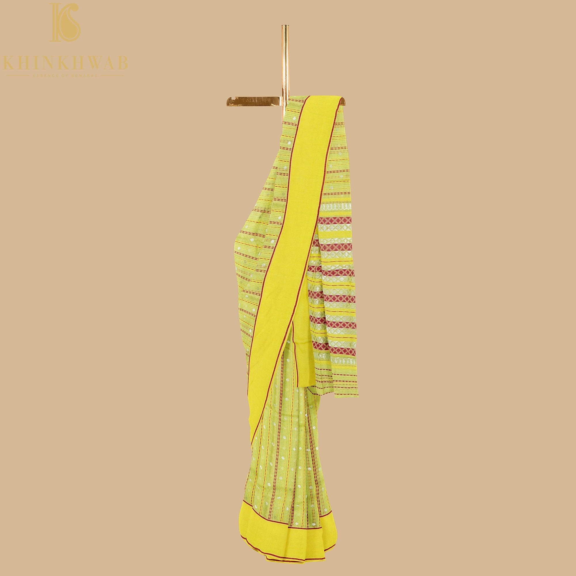 Handwoven Sunflower Yellow Real Zari Kota Silk Stripes Saree - Khinkhwab