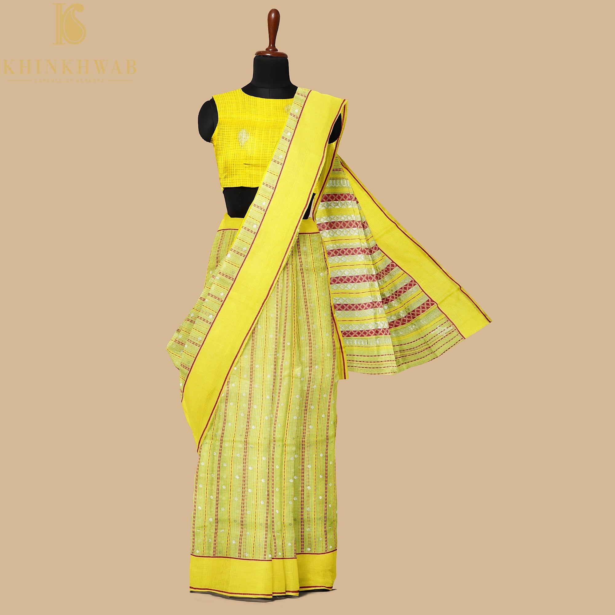 Handwoven Sunflower Yellow Real Zari Kota Silk Stripes Saree - Khinkhwab