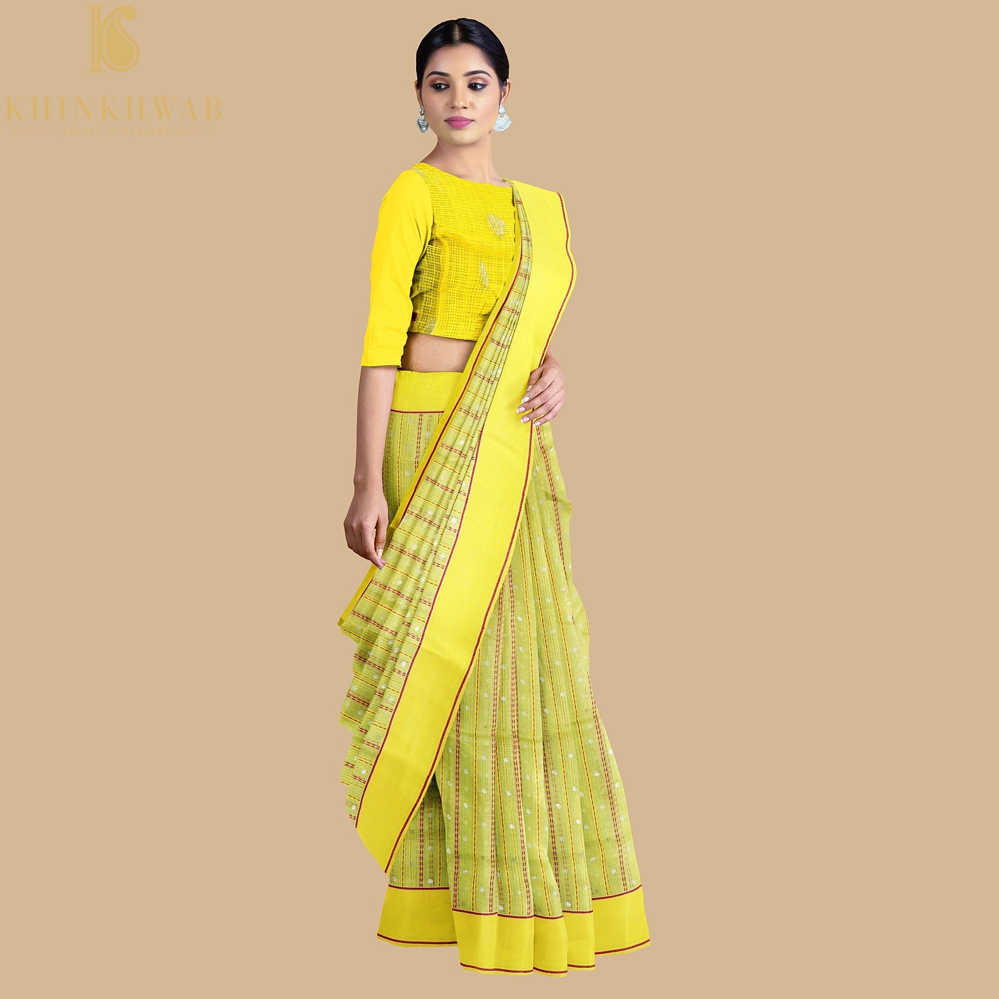 Handwoven Sunflower Yellow Real Zari Kota Silk Stripes Saree - Khinkhwab