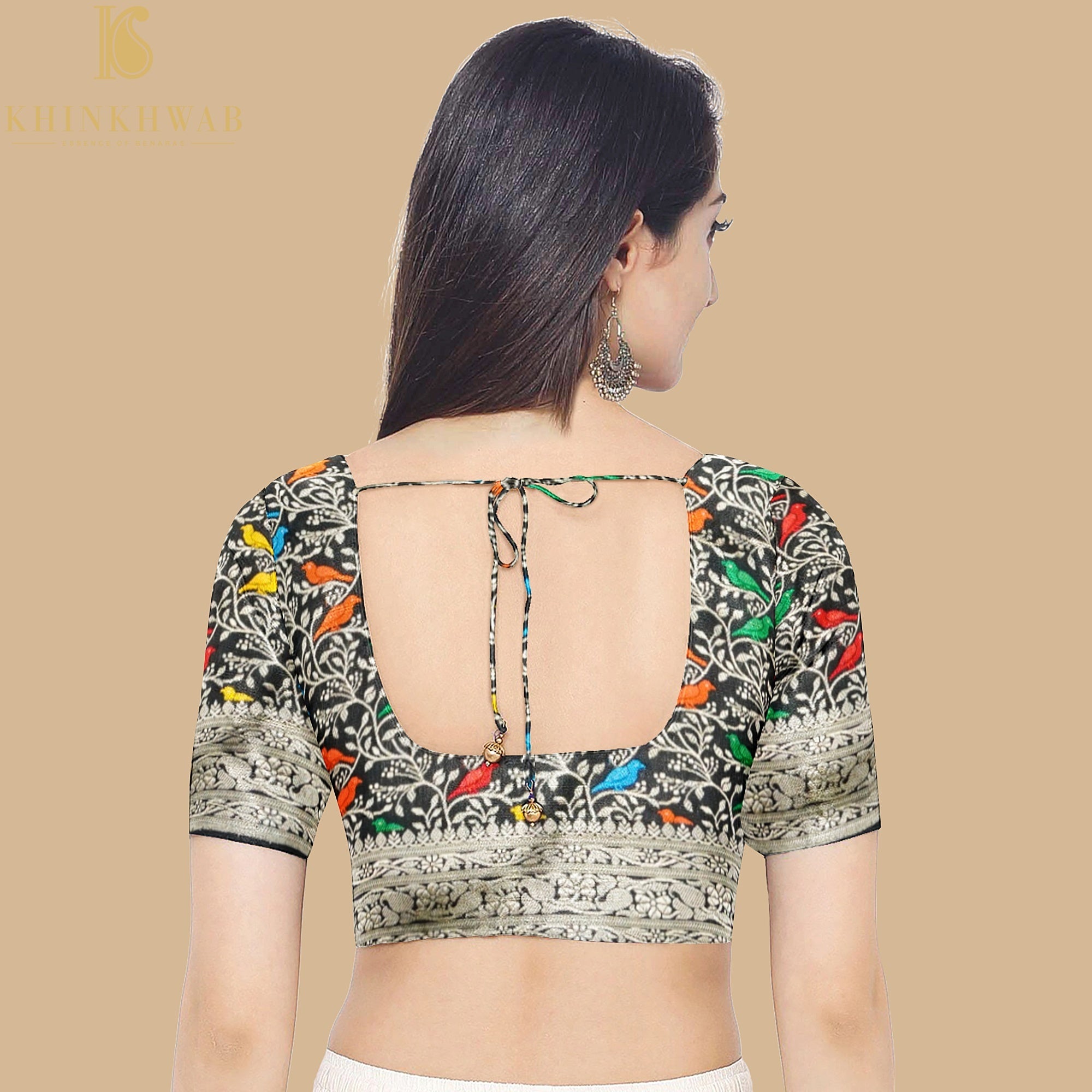 Handwoven Black Pure Katan Silk Banarasi Birds Fabric - Khinkhwab