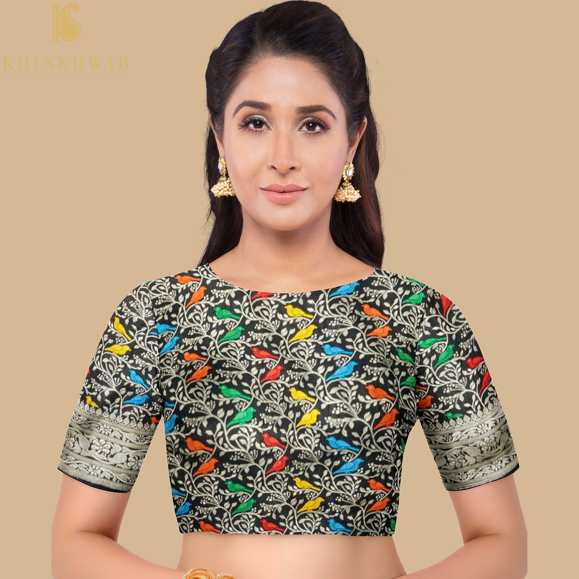 Handwoven Black Pure Katan Silk Banarasi Birds Fabric - Khinkhwab