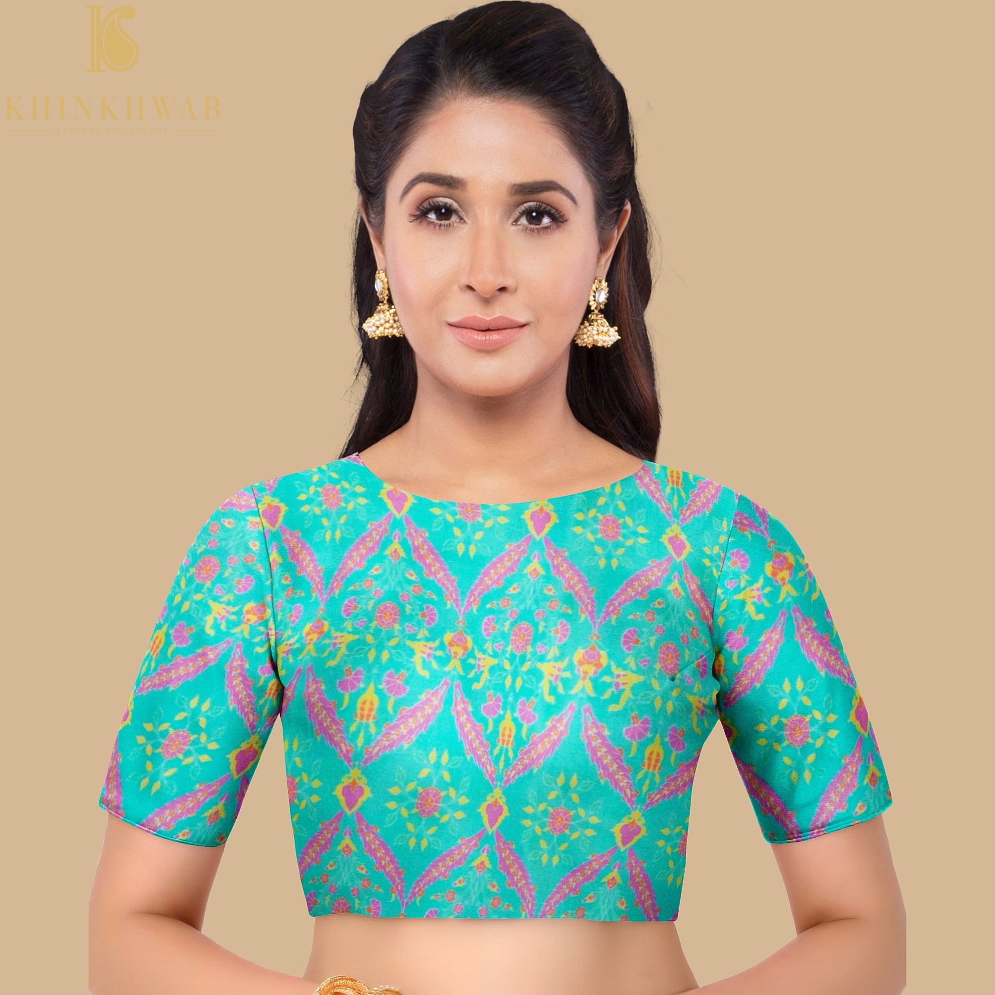 NERGİS - Turquoise Pure Sateen Silk Print Fabric - Khinkhwab