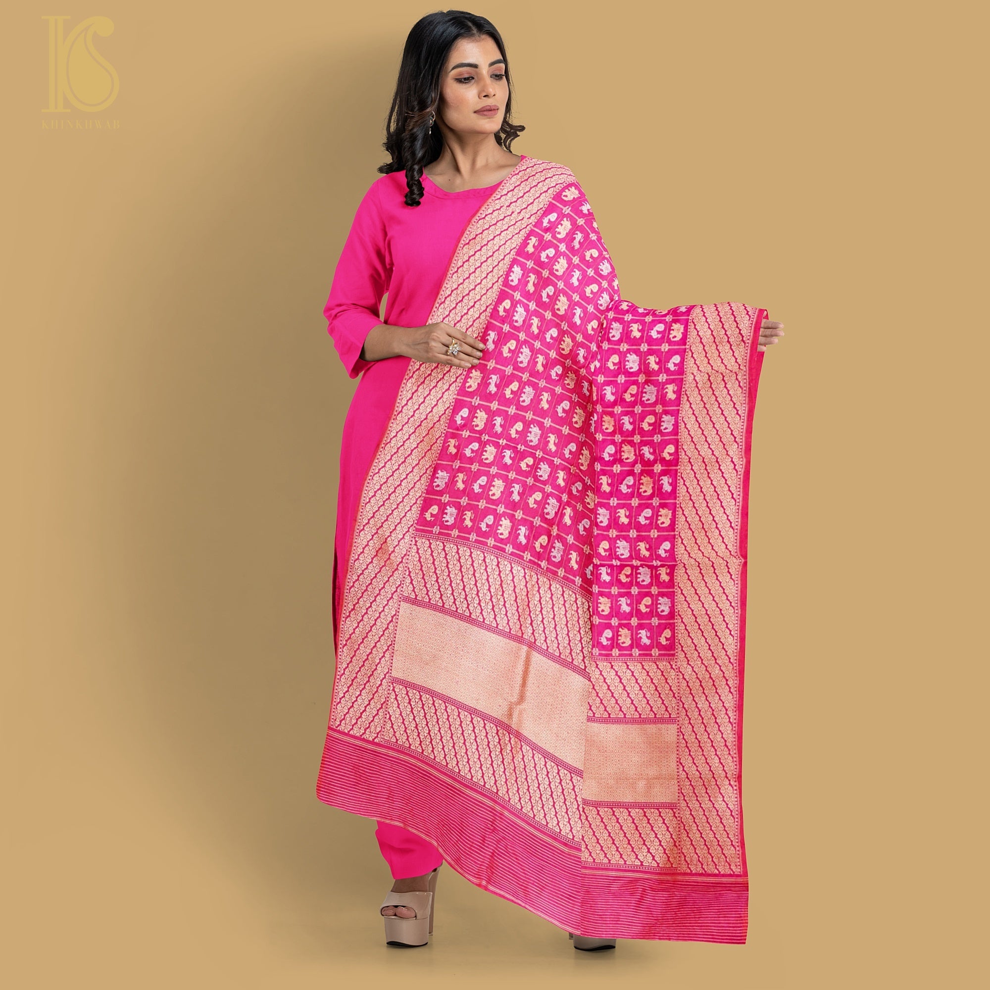 Cerise Pink Pure Katan Silk Handwoven Banarasi Kadwa Peacock Dupatta - Khinkhwab