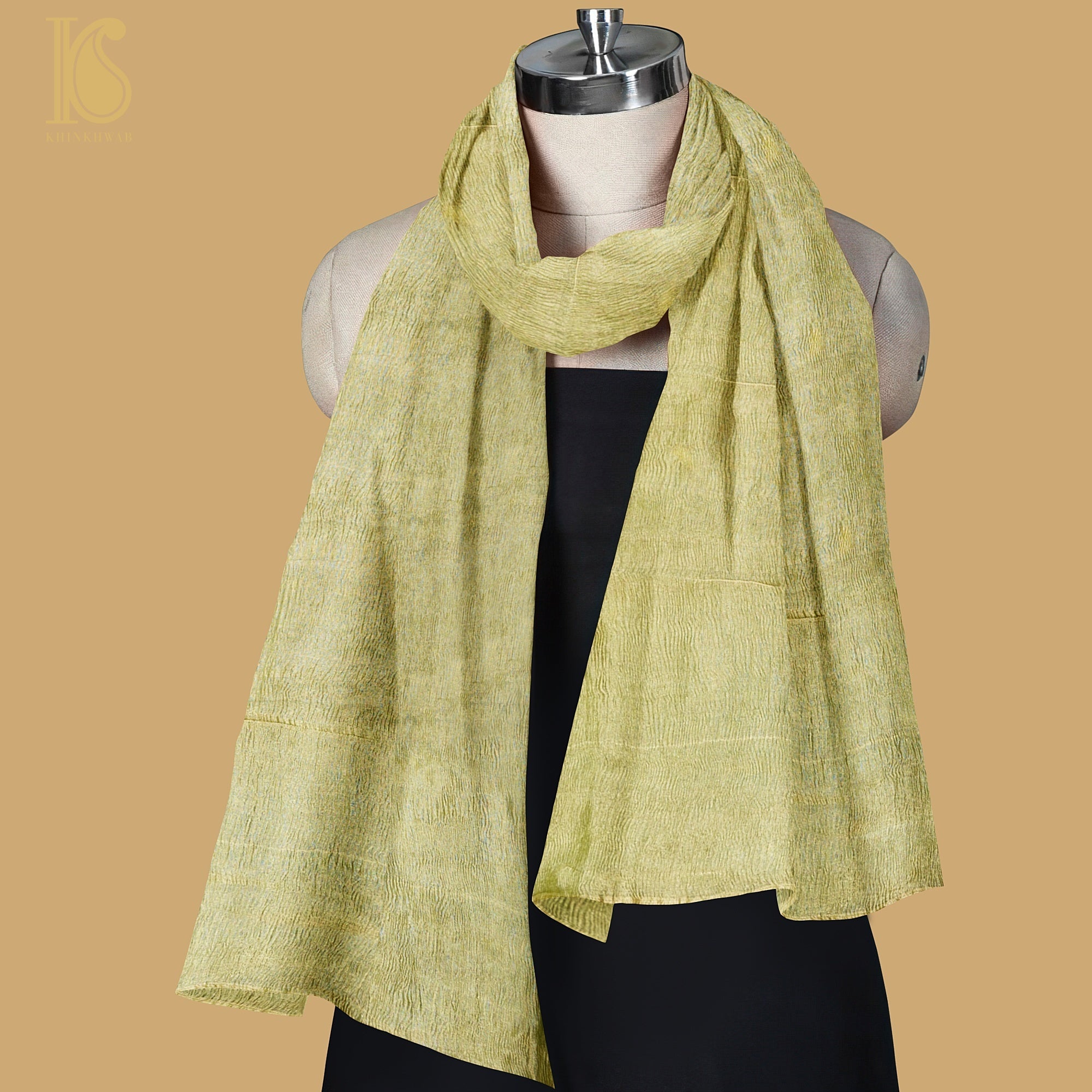 Brass Yellow Wrinkle Pure Tissue Silk Dupatta - Khinkhwab