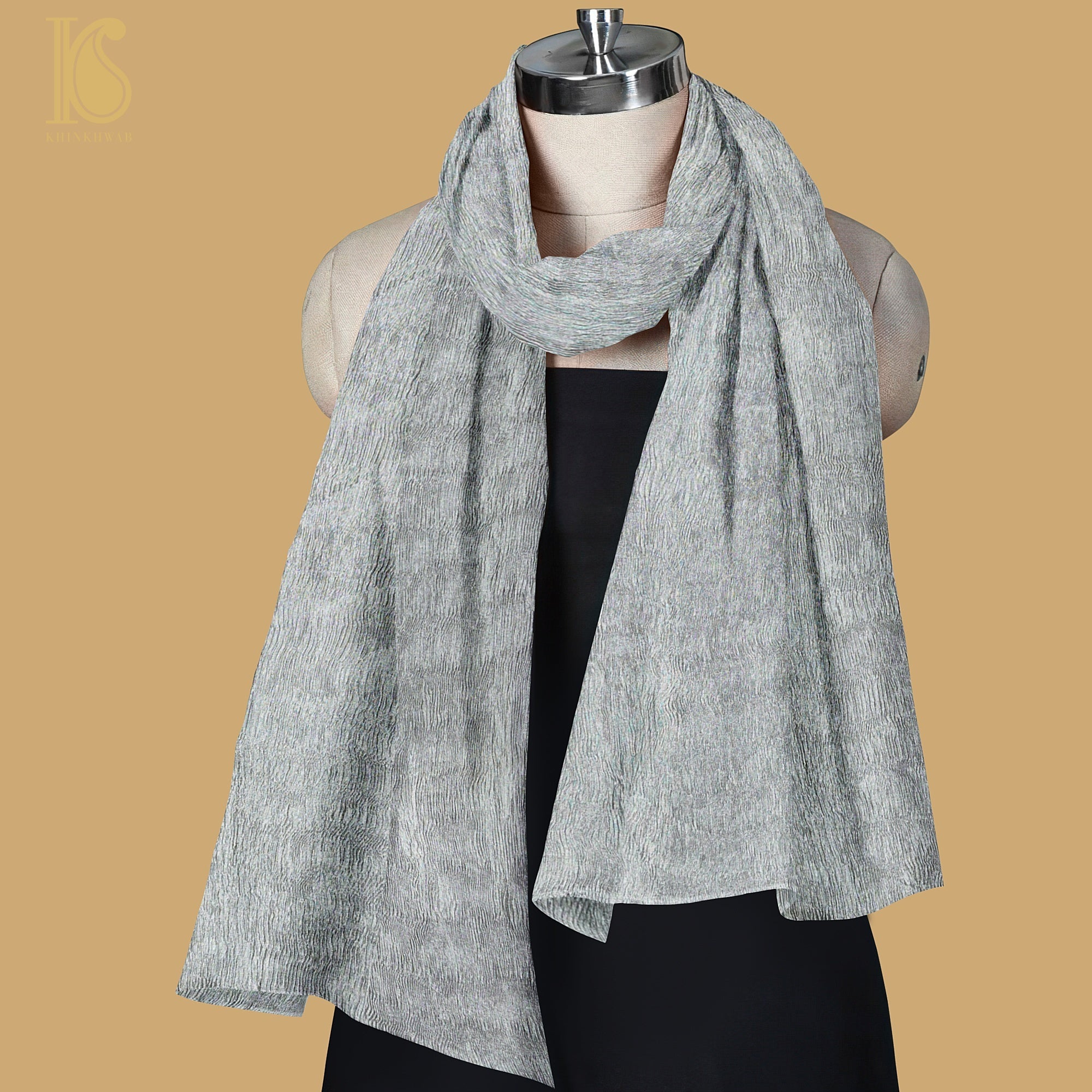 Submarine Grey Wrinkle Pure Tissue Silk Dupatta - Khinkhwab
