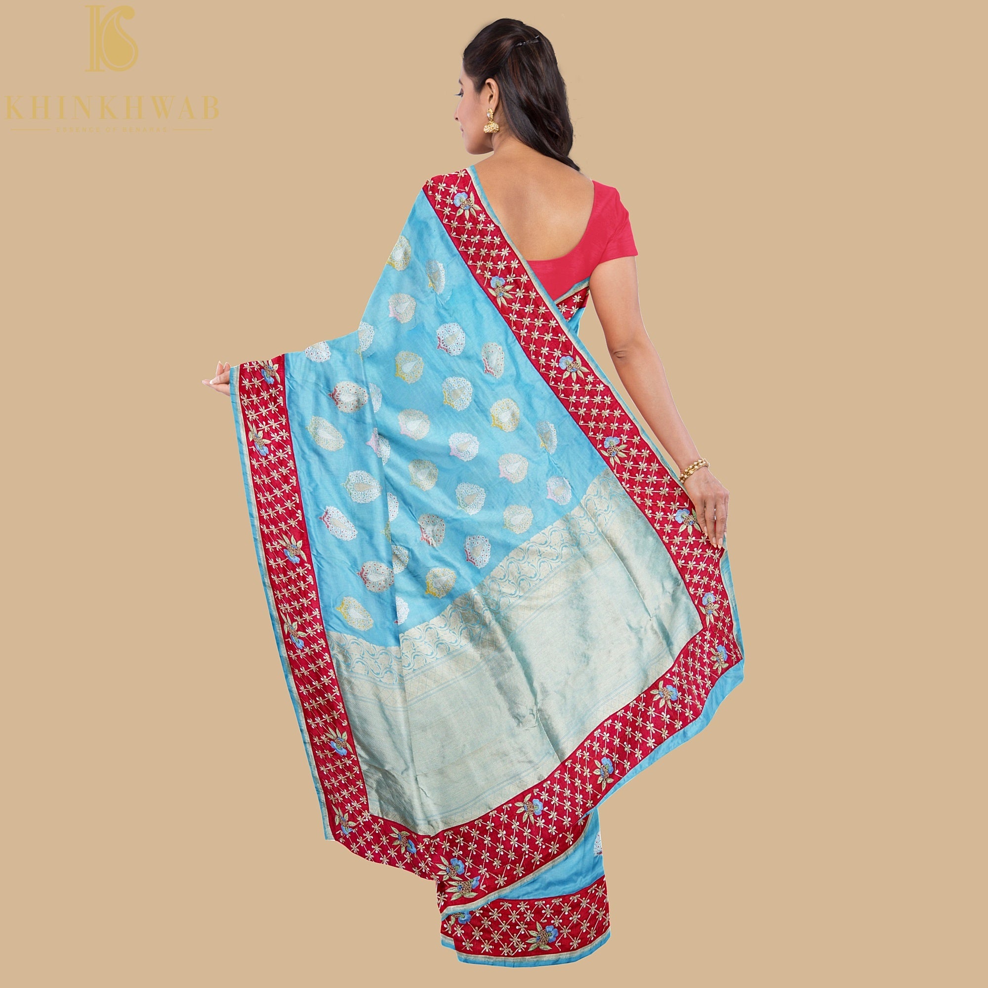 Seagull Blue Handwoven Banarasi Silk Mor Boota Embroidery Kadwa Saree - Khinkhwab