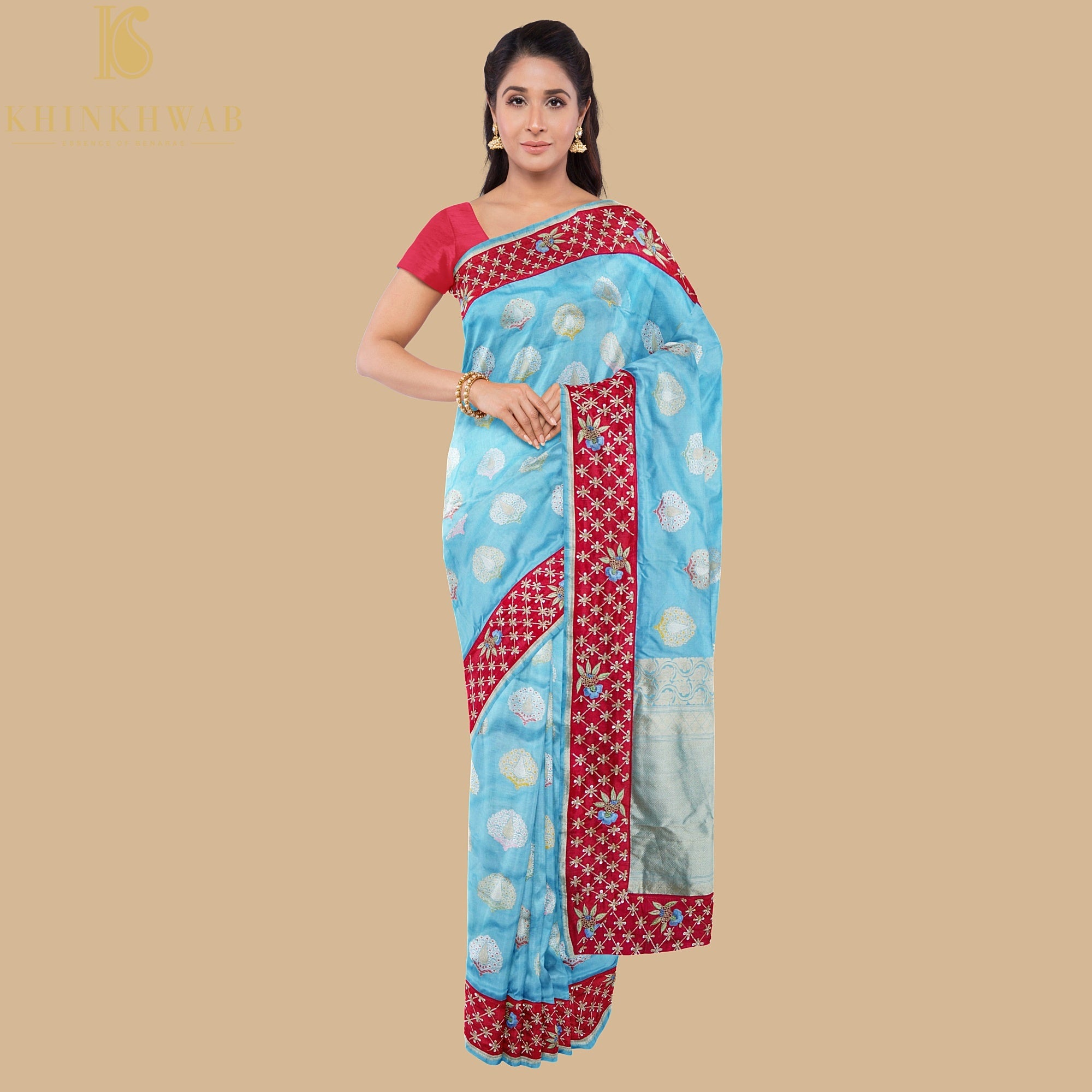 Seagull Blue Handwoven Banarasi Silk Mor Boota Embroidery Kadwa Saree - Khinkhwab
