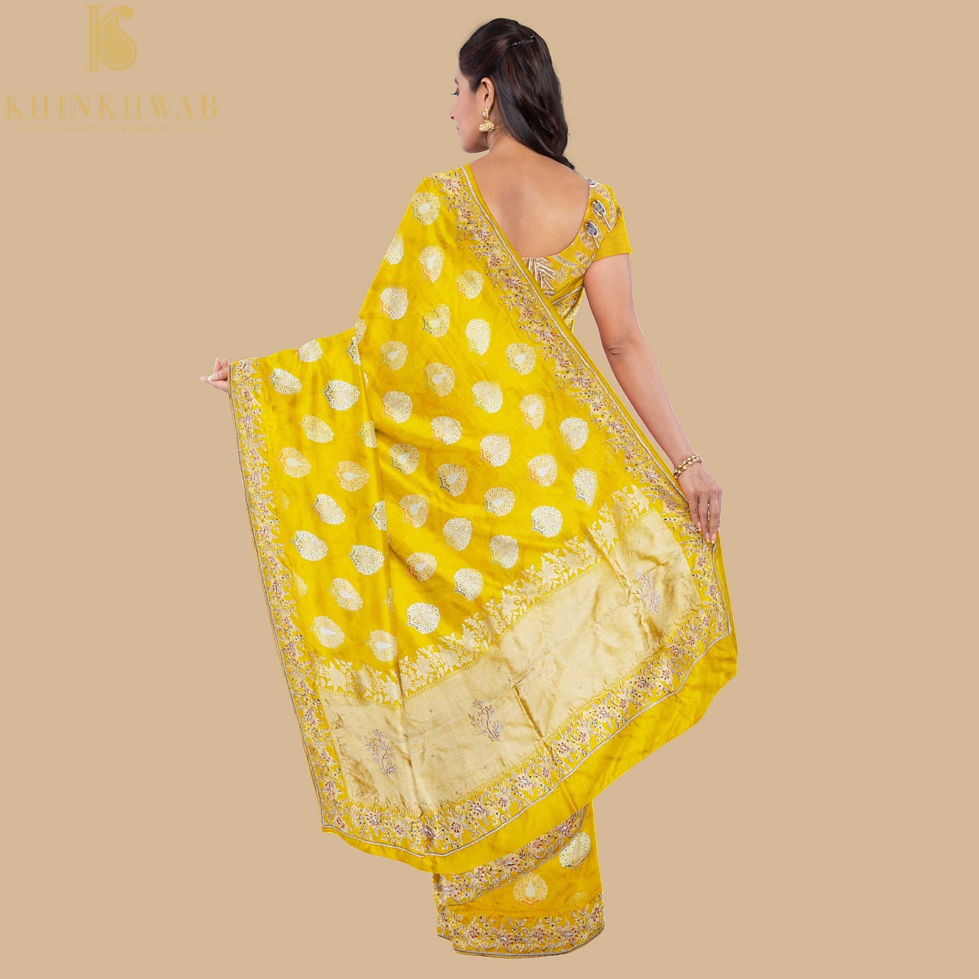 Sunflower Yellow Handwoven Banarasi Silk Mor Boota Embroidery Kadwa Saree - Khinkhwab