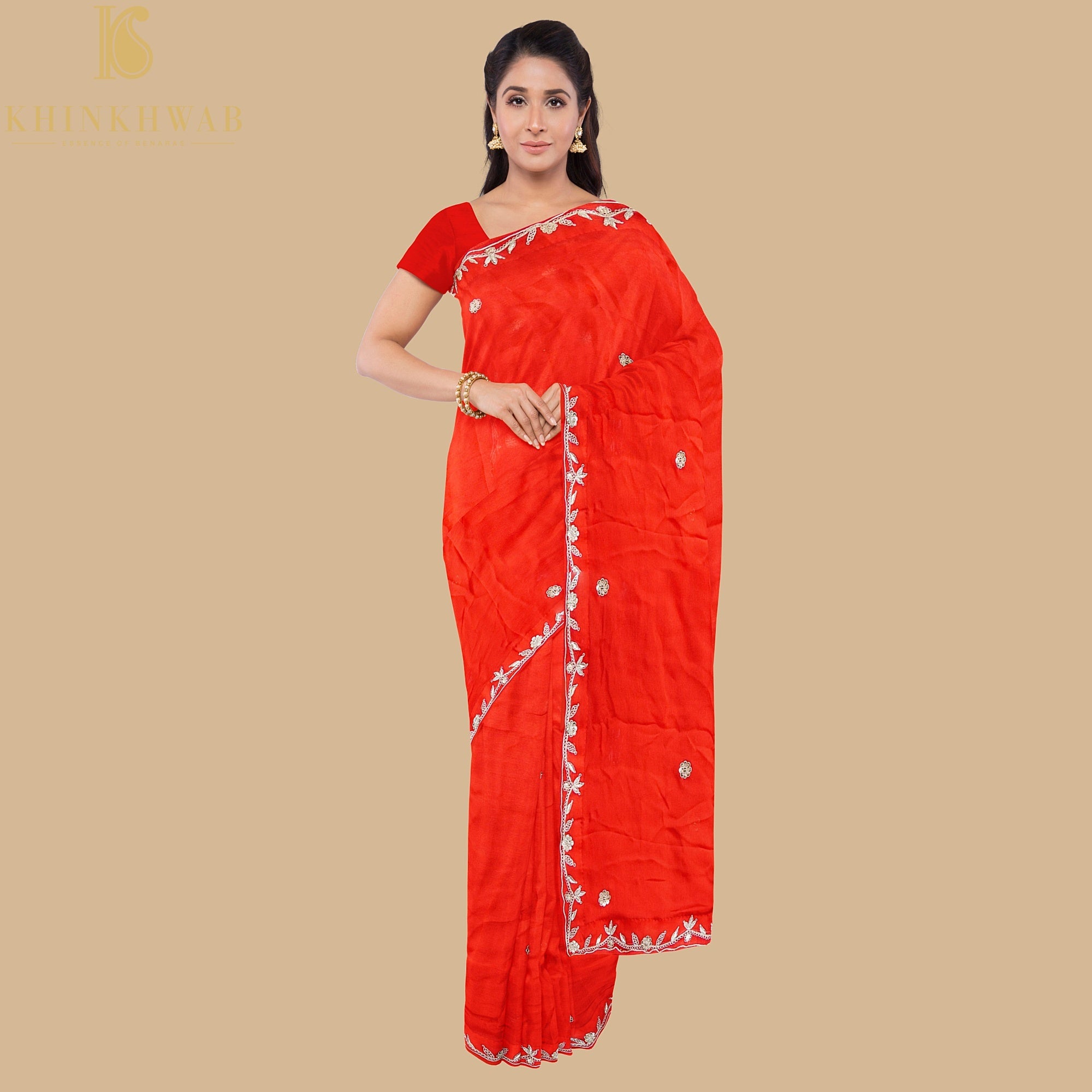 Red Pure Handloom Georgette Embroidery Saree - Khinkhwab