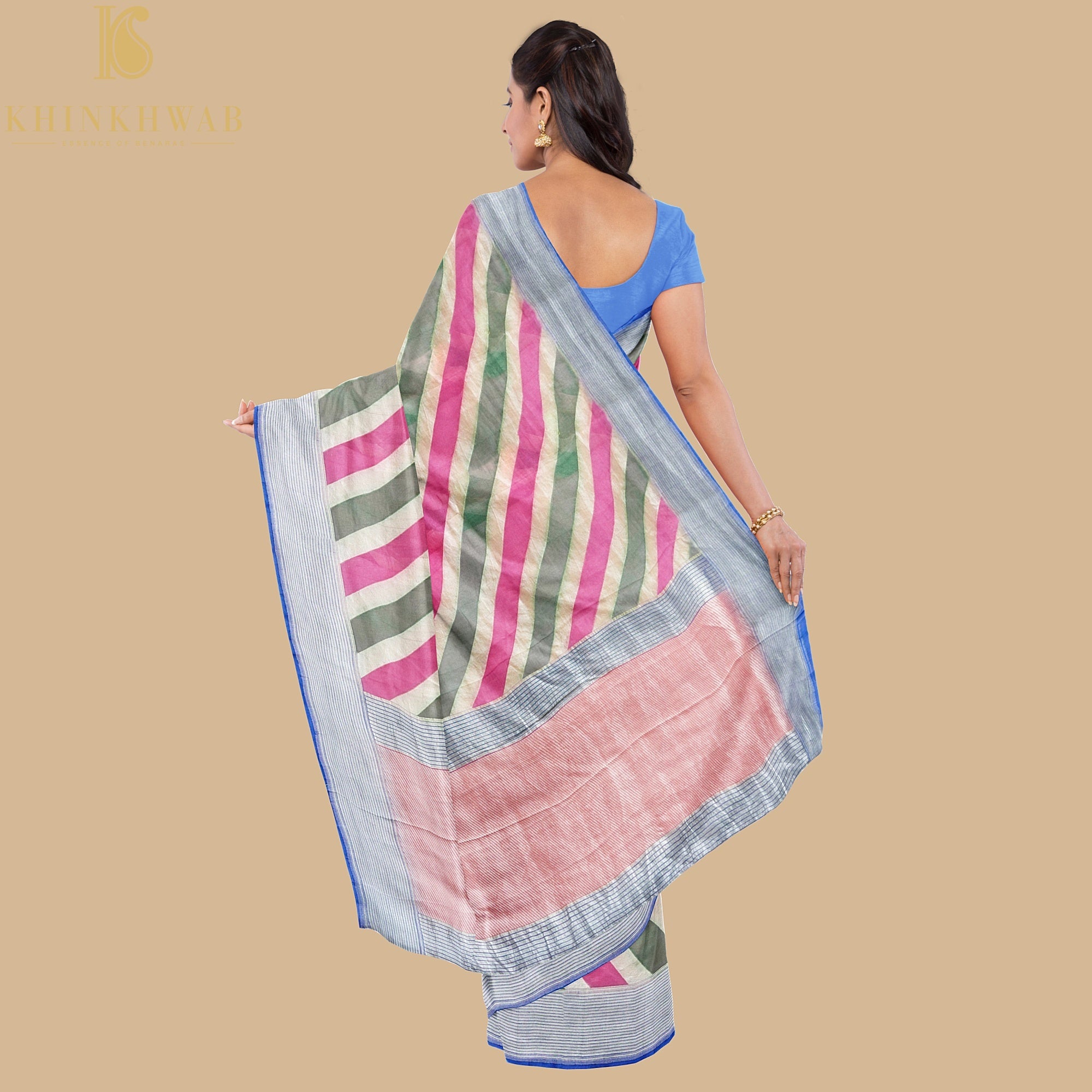 Pink & Green Pure Georgette Handloom Stripes Banarasi Saree - Khinkhwab