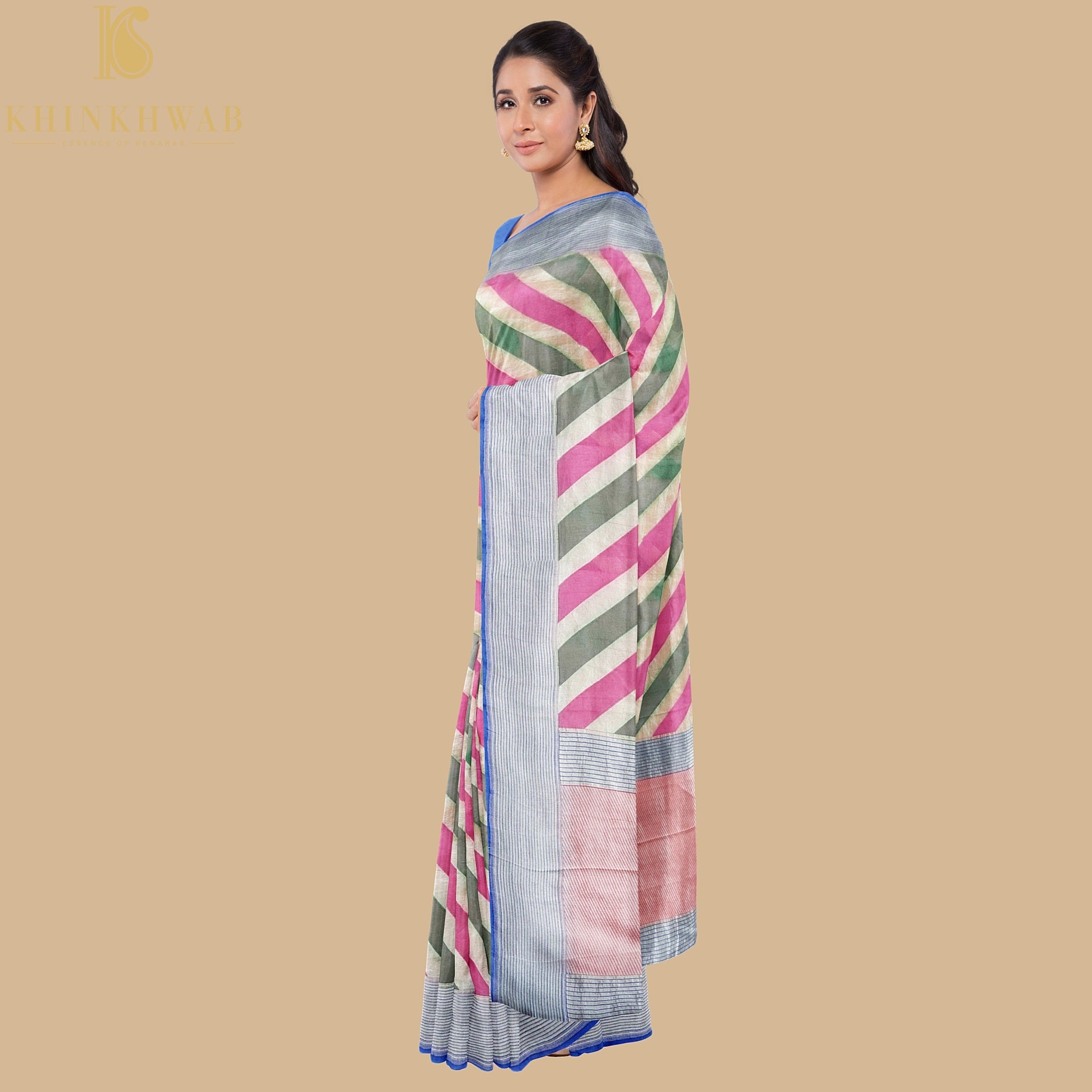 Pink & Green Pure Georgette Handloom Stripes Banarasi Saree - Khinkhwab