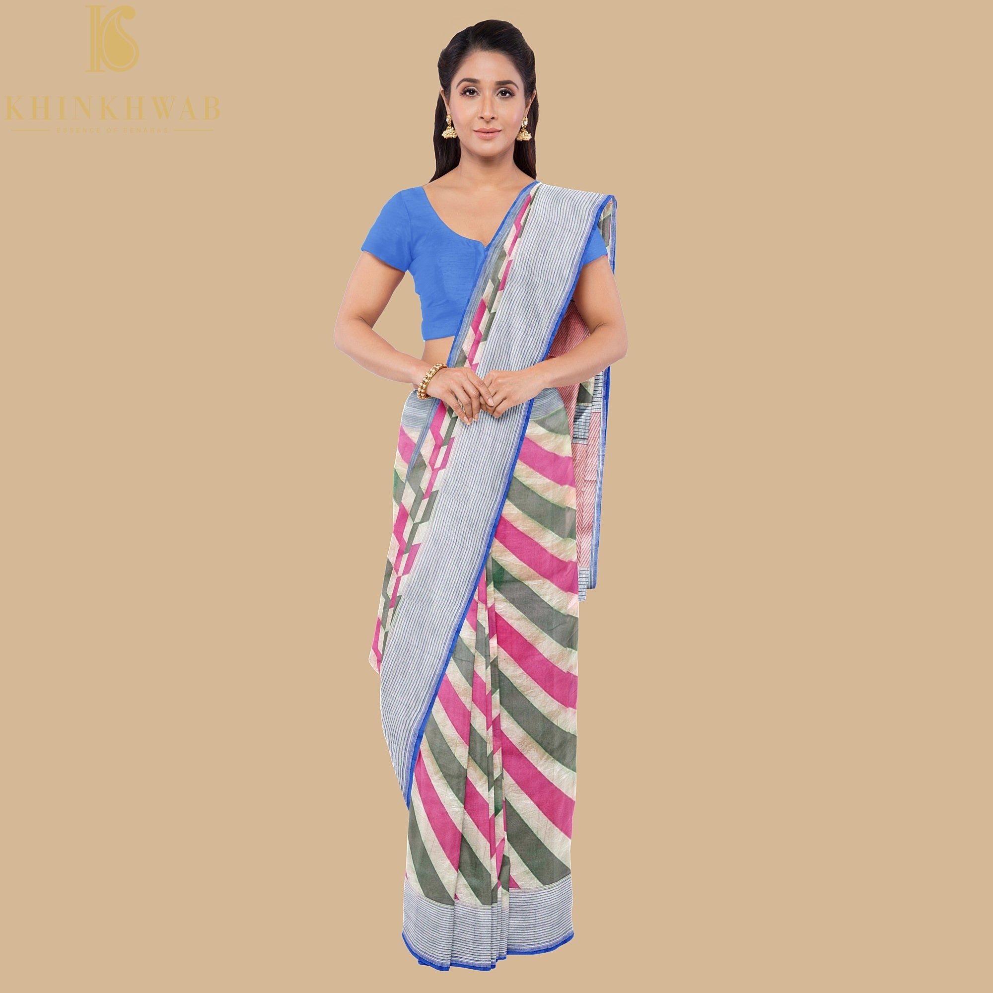 Pink & Green Pure Georgette Handloom Stripes Banarasi Saree - Khinkhwab