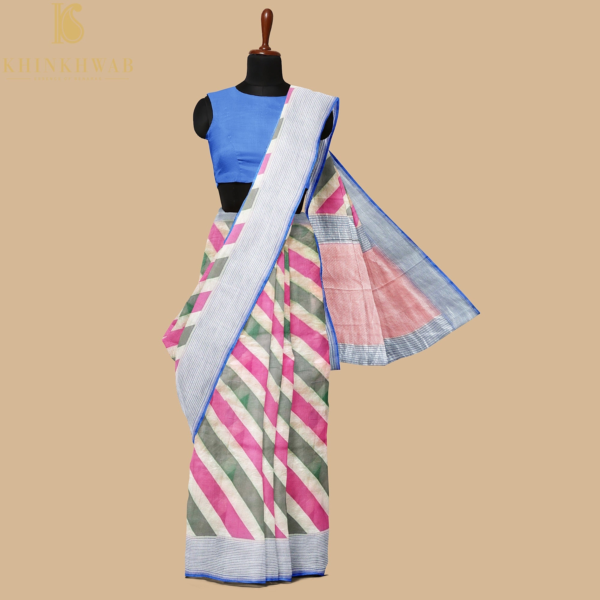 Pink & Green Pure Georgette Handloom Stripes Banarasi Saree - Khinkhwab