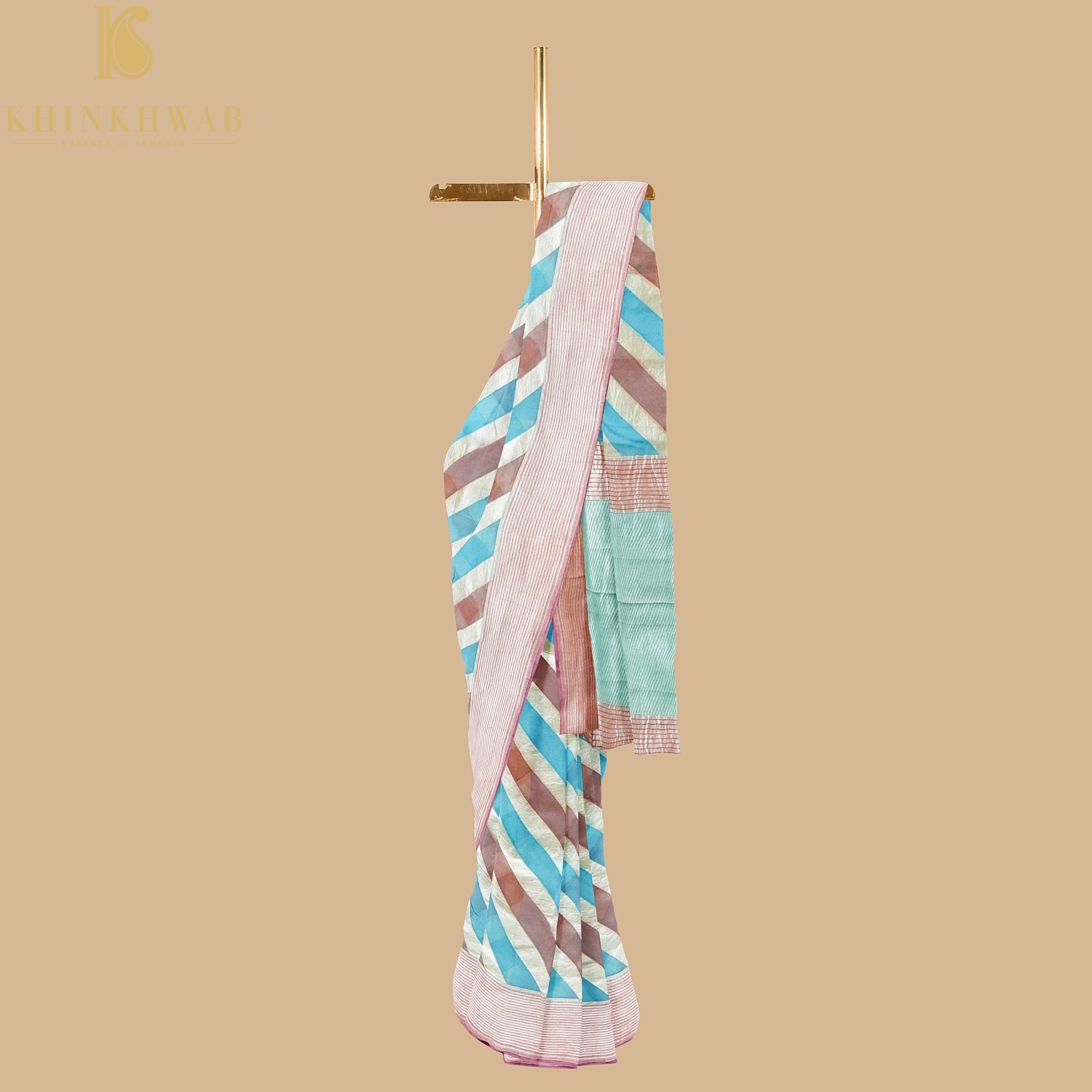 Blue & Orange Pure Georgette Handloom Stripes Banarasi Saree - Khinkhwab