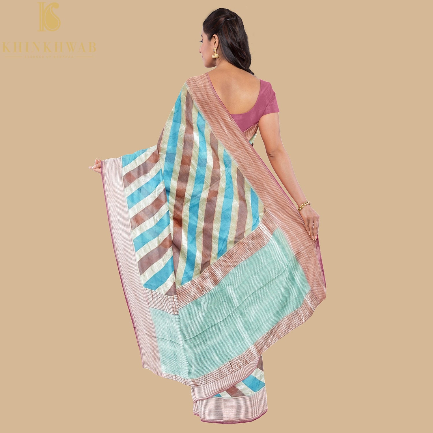 Blue & Orange Pure Georgette Handloom Stripes Banarasi Saree - Khinkhwab