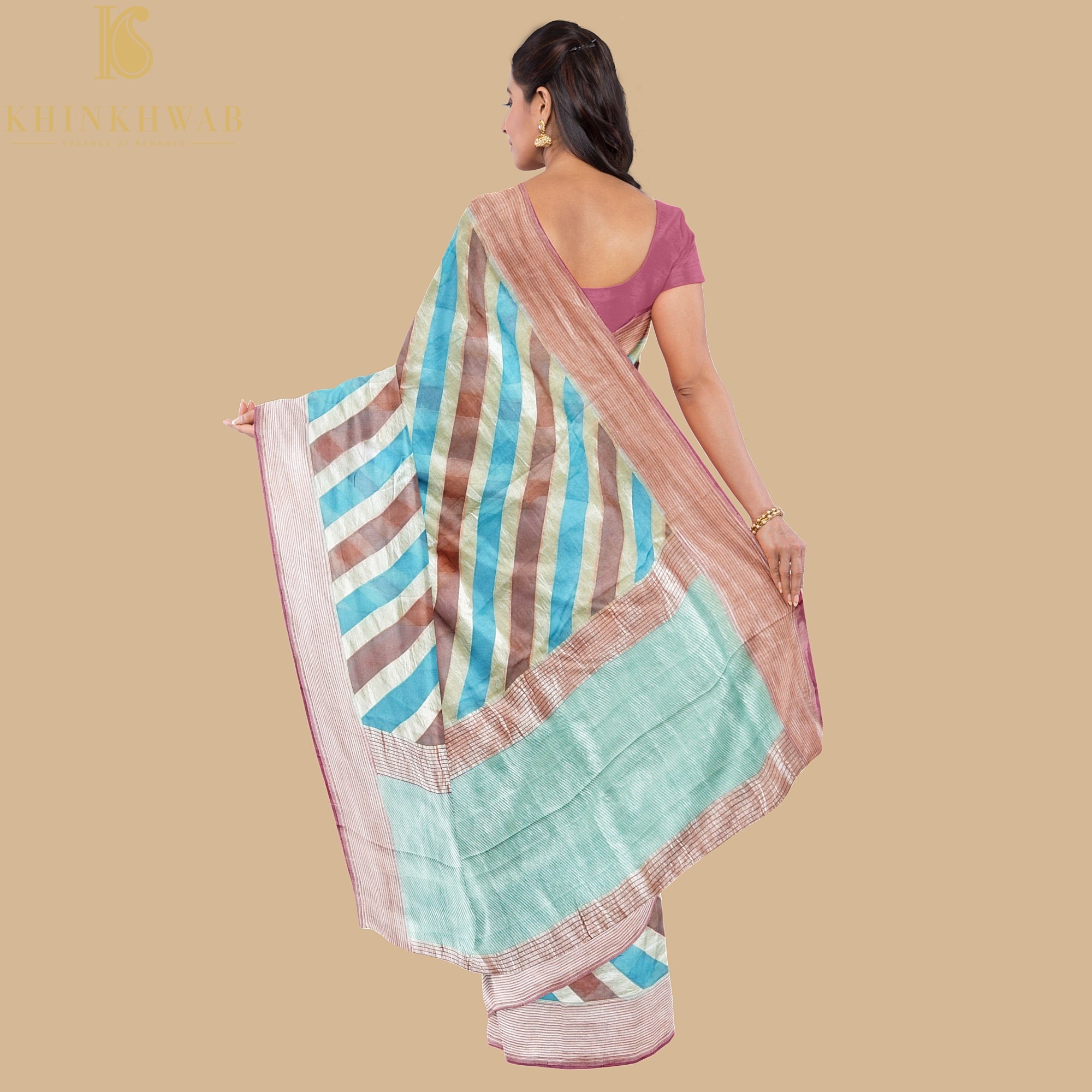 Blue & Orange Pure Georgette Handloom Stripes Banarasi Saree - Khinkhwab