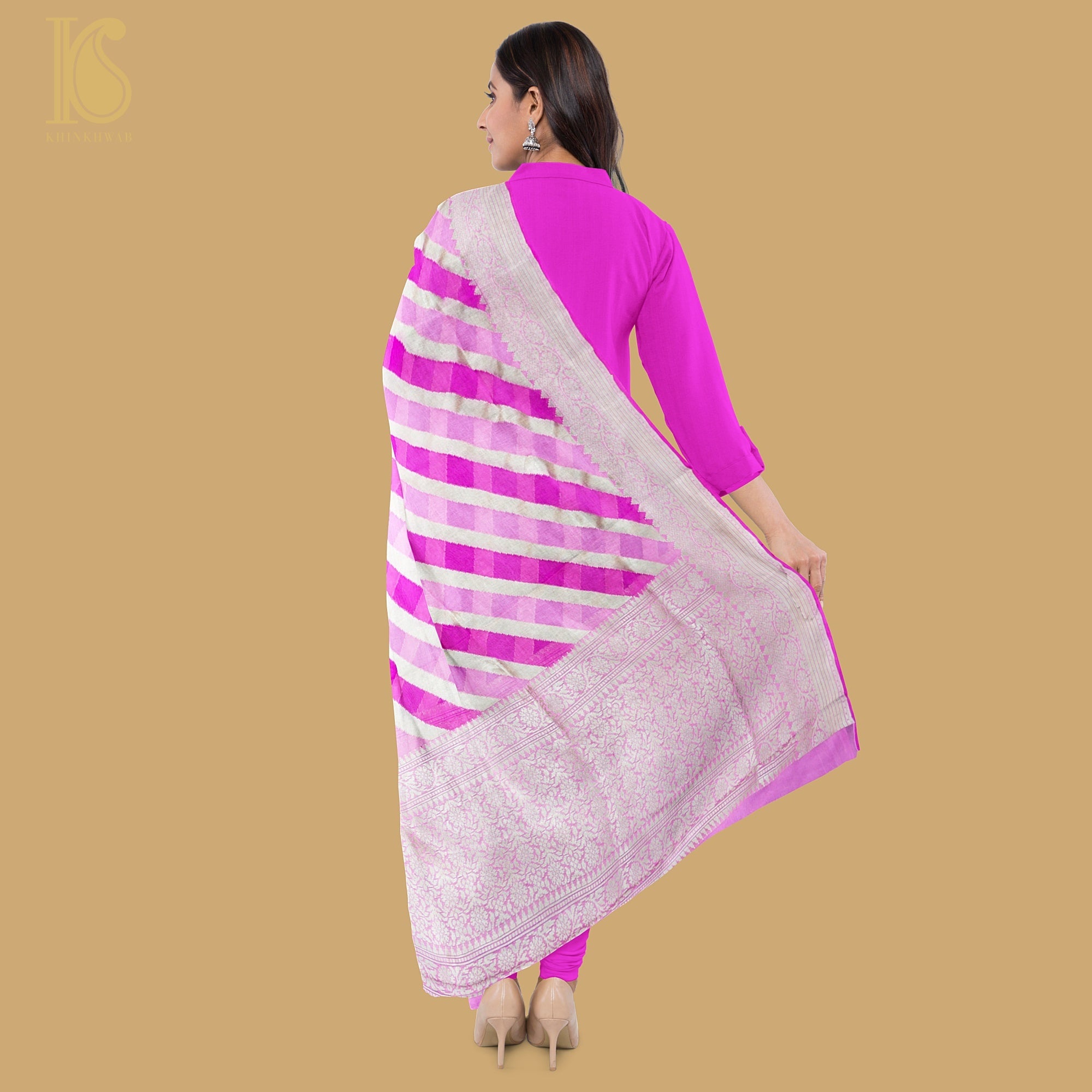 Pink Pure Georgette Handloom Banarasi Stripes Dupatta - Khinkhwab