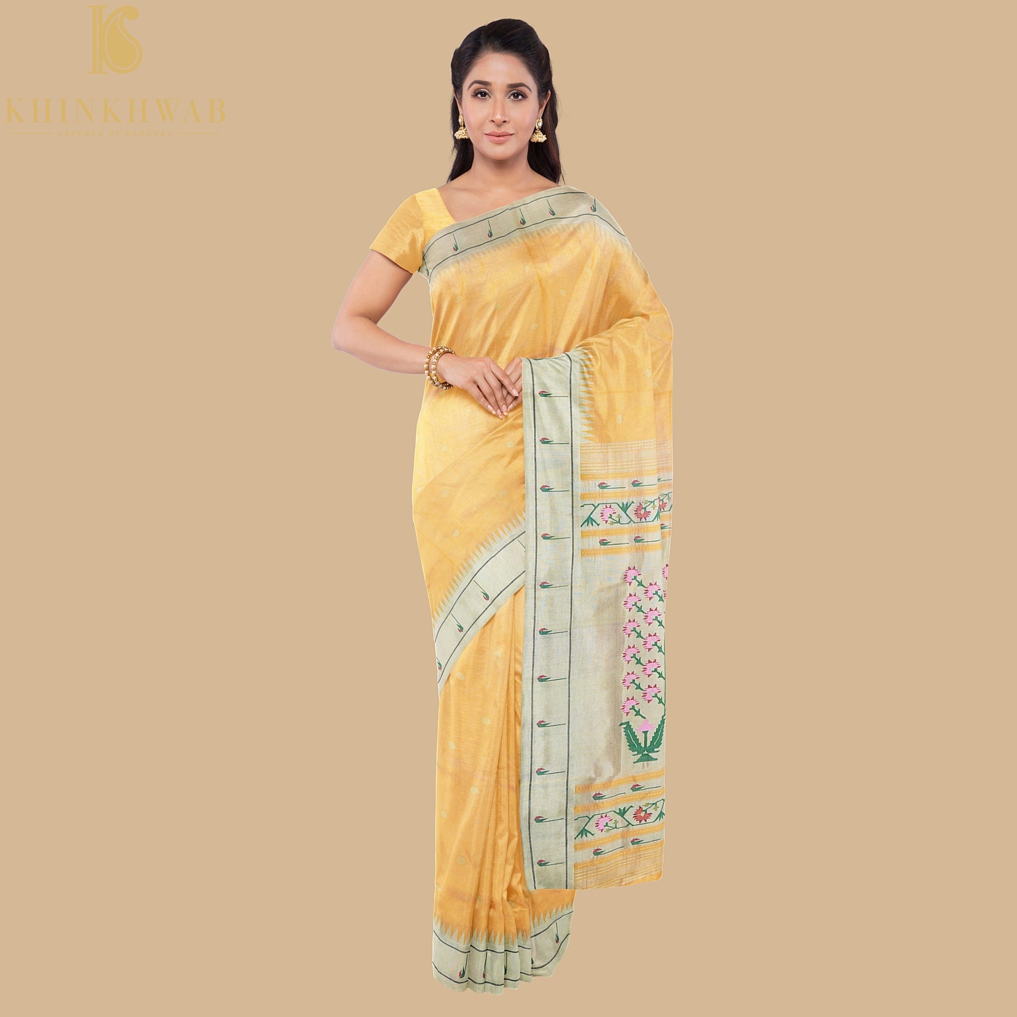 Cherokee Yellow Silk Handwoven Paithani Saree with Muniya Border - Khinkhwab