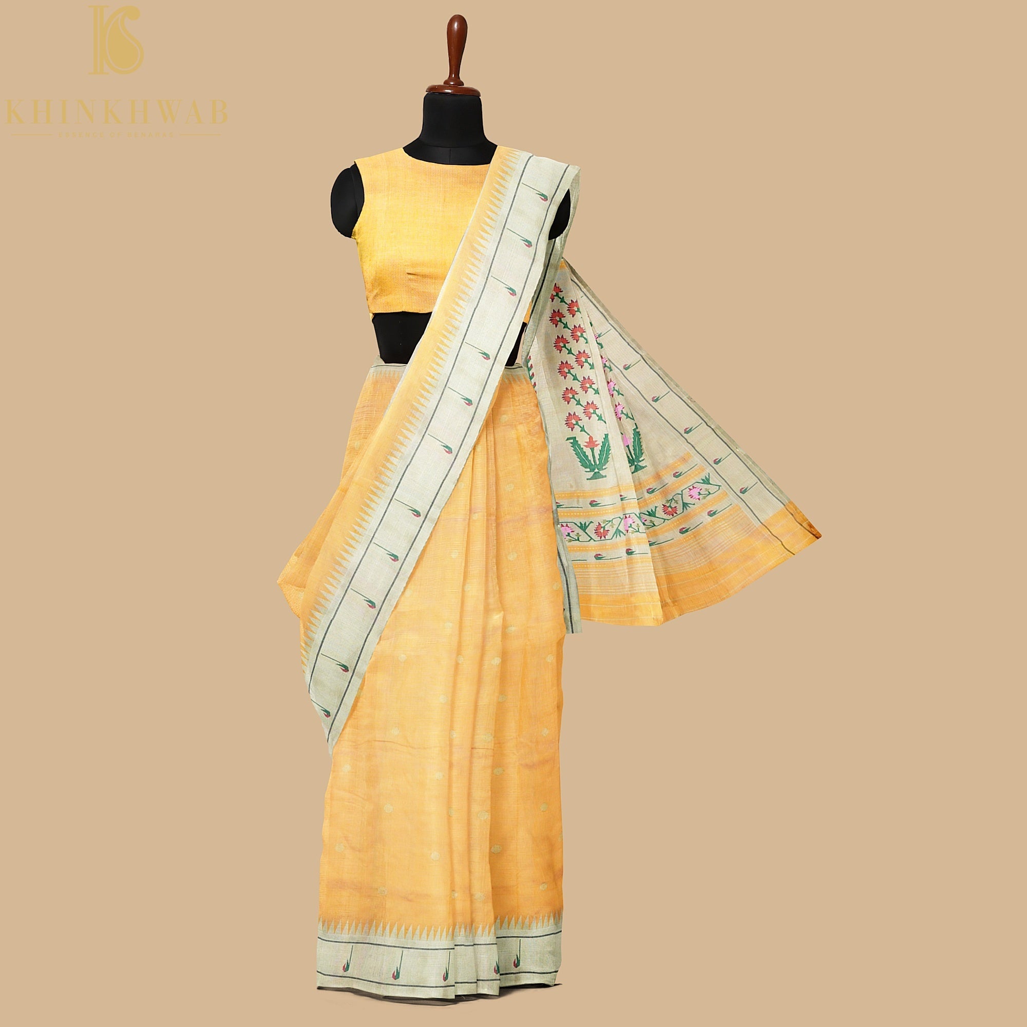 Cherokee Yellow Silk Handwoven Paithani Saree with Muniya Border - Khinkhwab