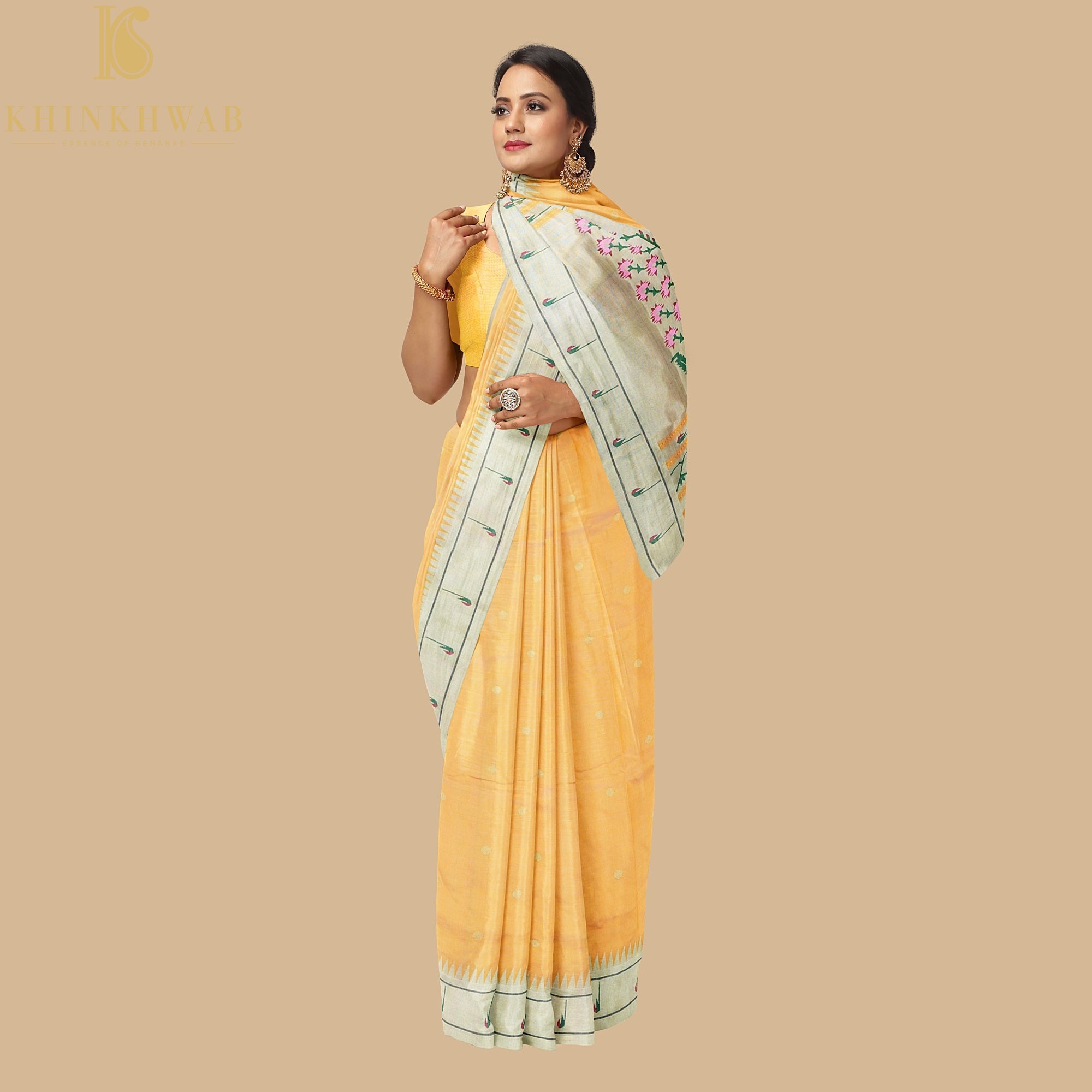 Cherokee Yellow Silk Handwoven Paithani Saree with Muniya Border - Khinkhwab