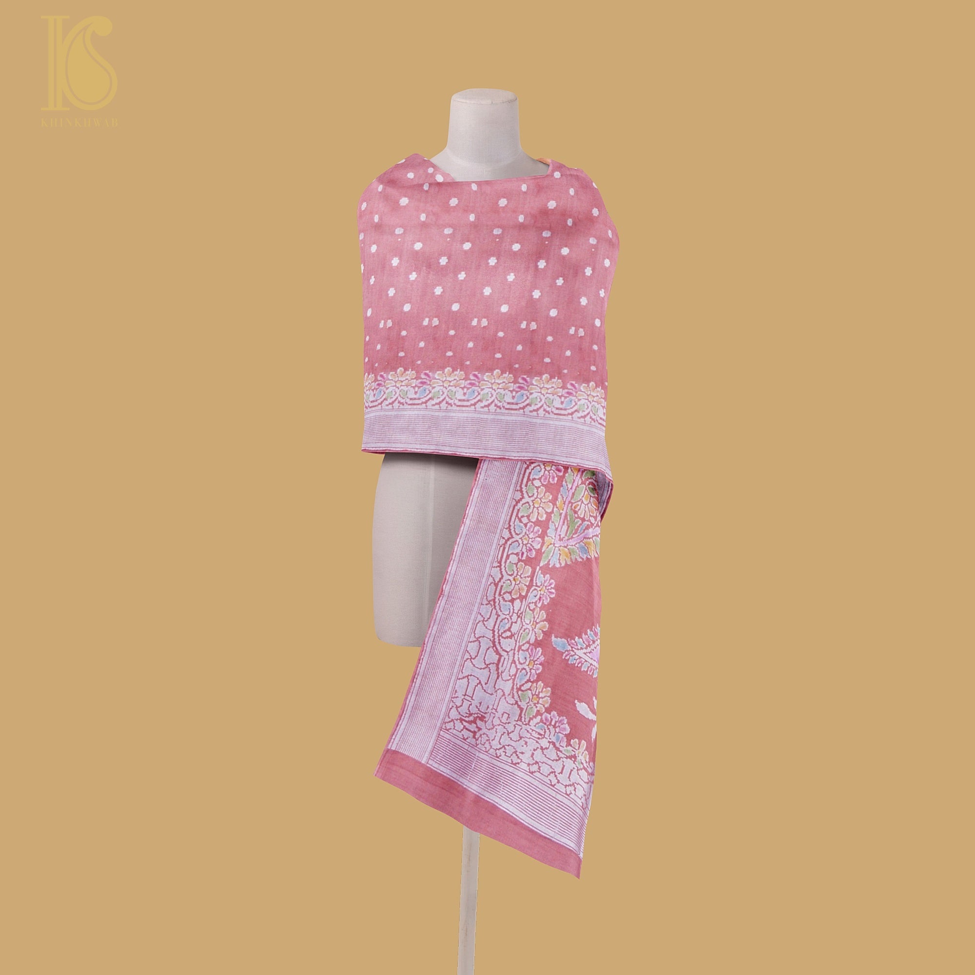 Sea Pink Banarasi Moonga Silk Dupatta with Hand Brush - Khinkhwab