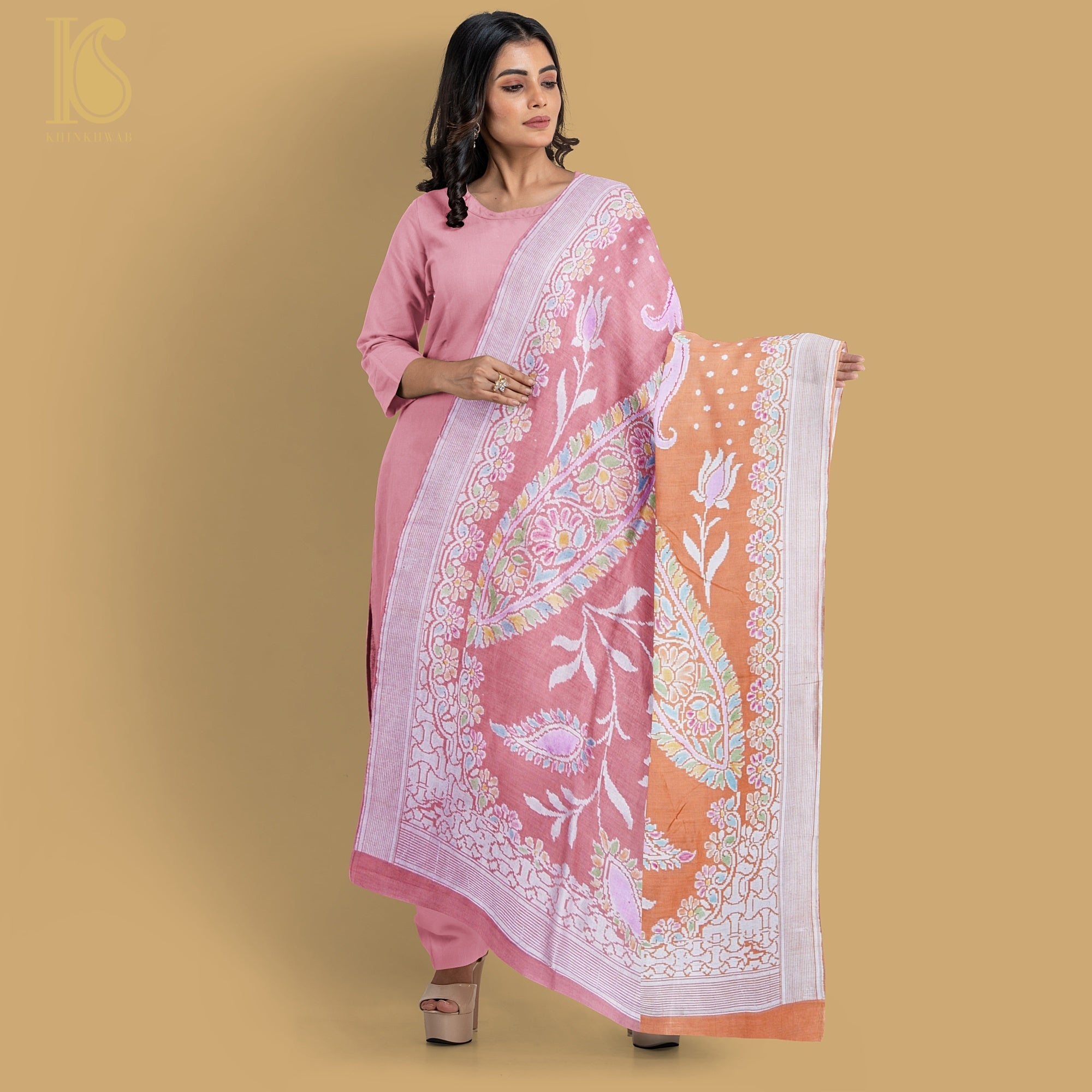 Sea Pink Banarasi Moonga Silk Dupatta with Hand Brush - Khinkhwab