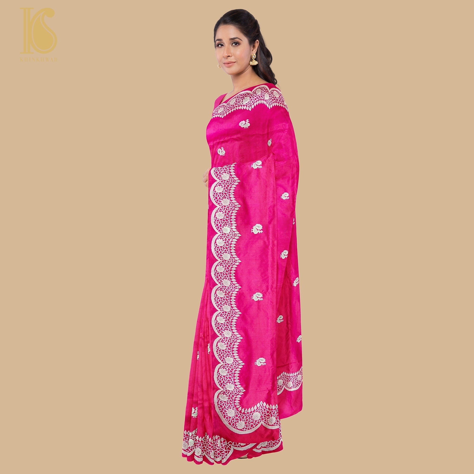 Ruby Pink Handloom Katan Silk Banarasi Shikargah Scallop Saree - Khinkhwab