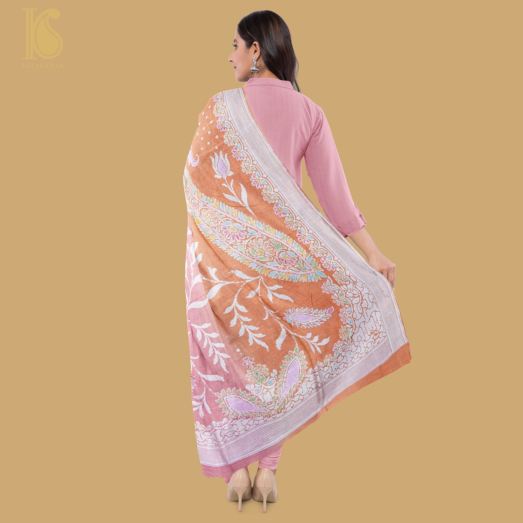 Sea Pink Banarasi Moonga Silk Dupatta with Hand Brush - Khinkhwab