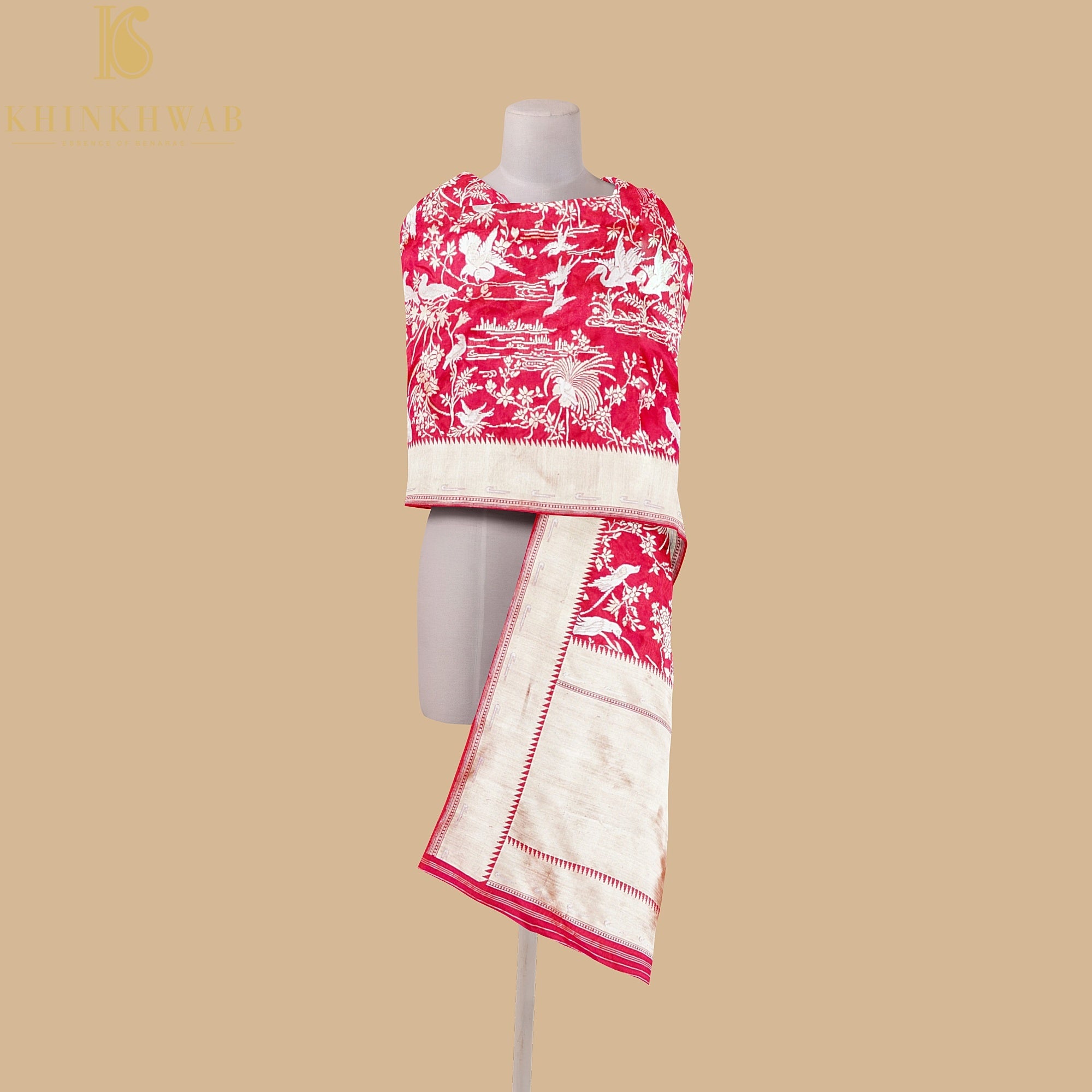 Amaranth Red Pure Katan Silk Handwoven Banarasi Shikargah Dupatta - Khinkhwab