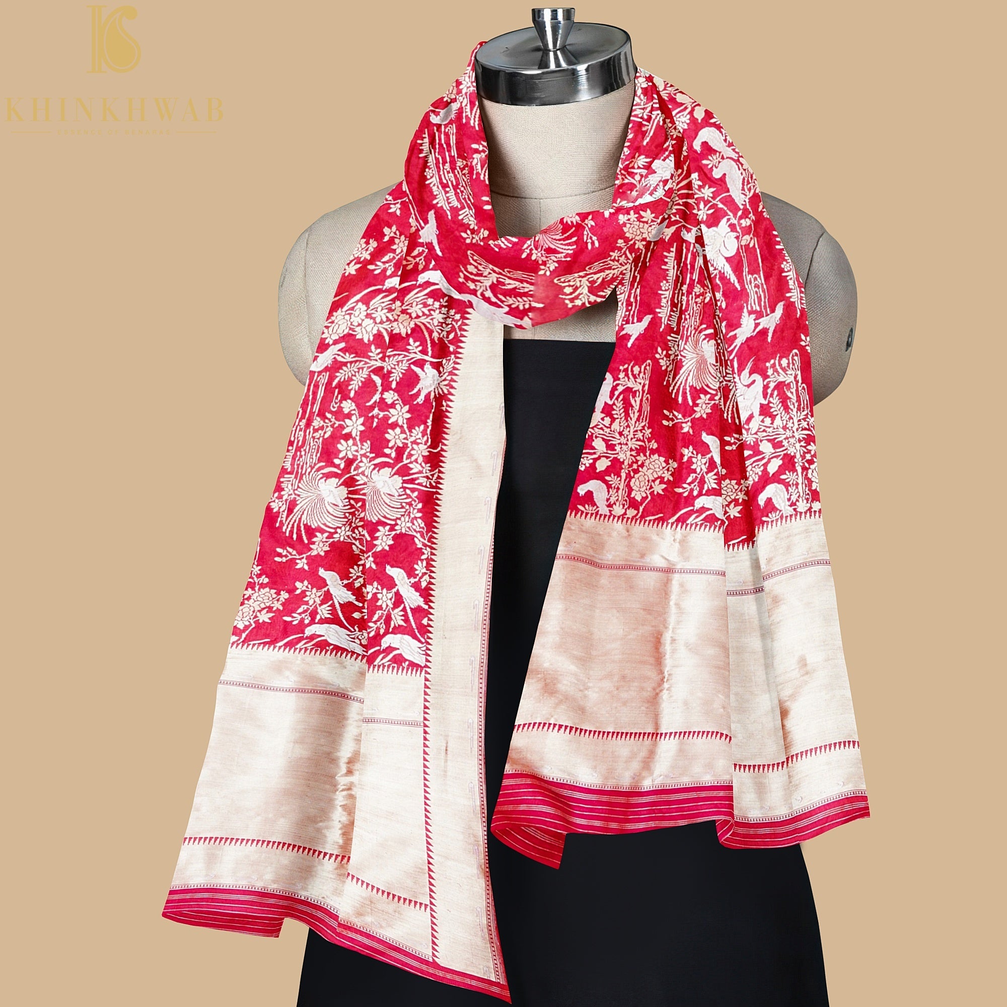 Amaranth Red Pure Katan Silk Handwoven Banarasi Shikargah Dupatta - Khinkhwab