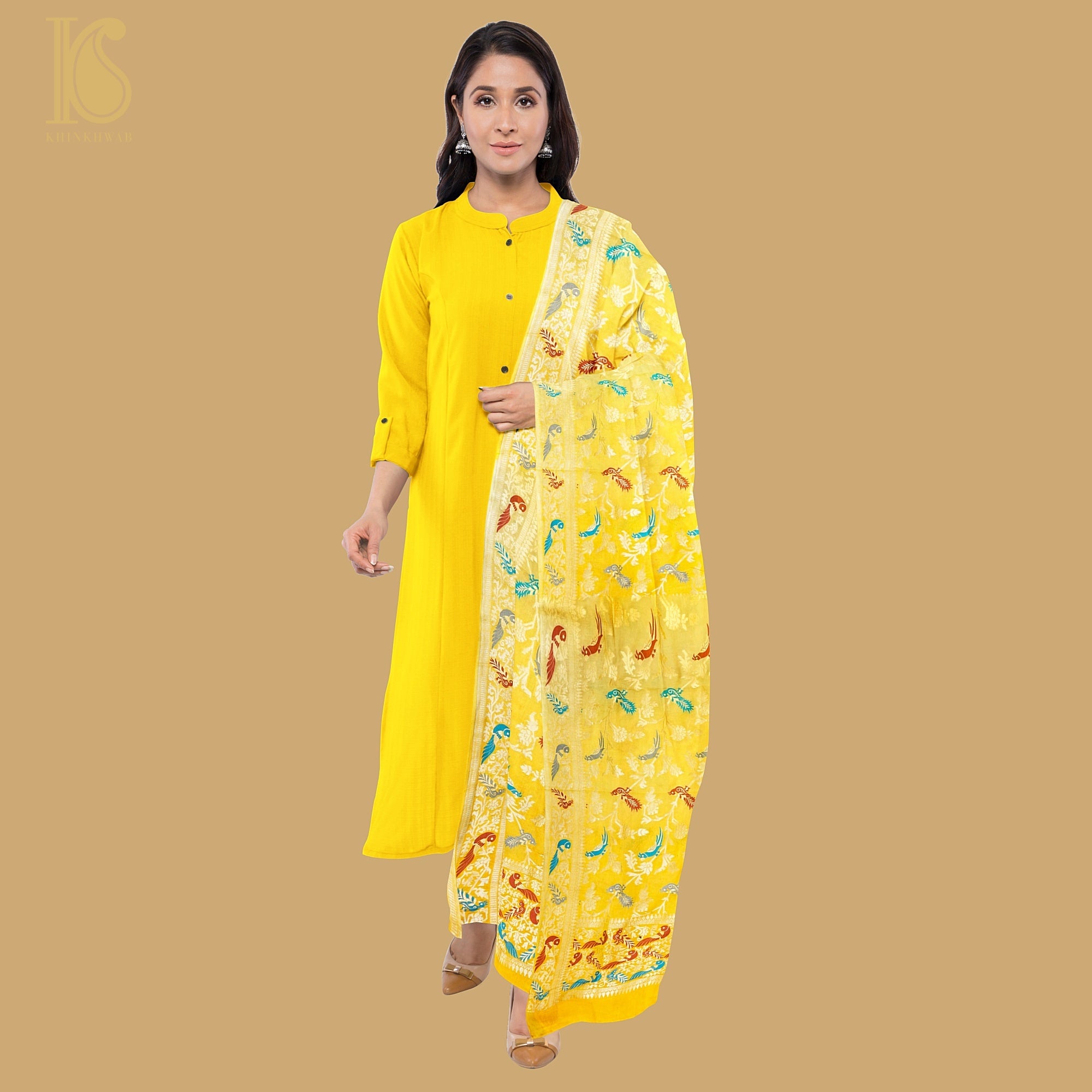 Shaded Yellow Pure Georgette Banarasi Meenakari Birds Dupatta - Khinkhwab