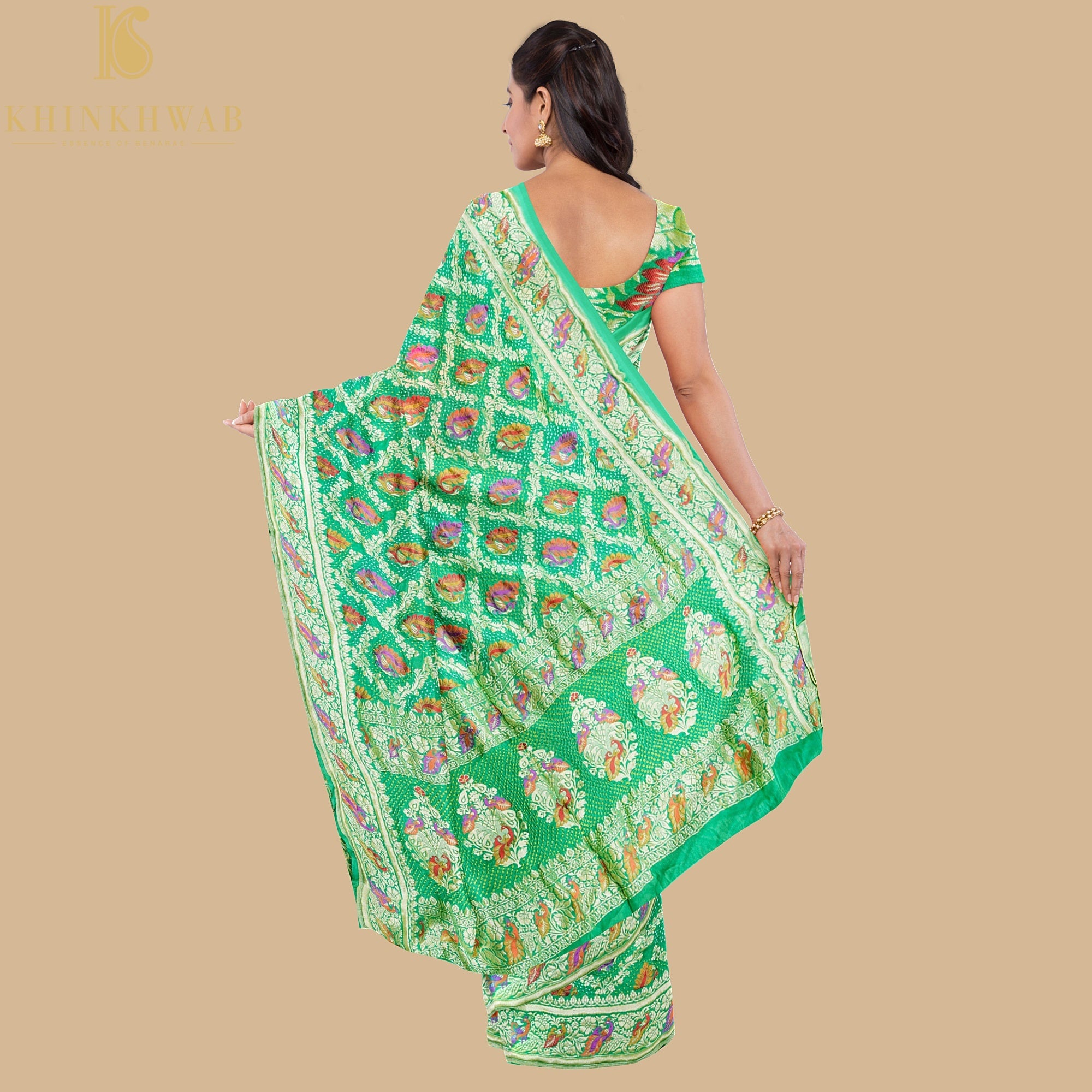 Jade Green Pure Georgette Banarasi Peacock Meena Bandhani Saree - Khinkhwab