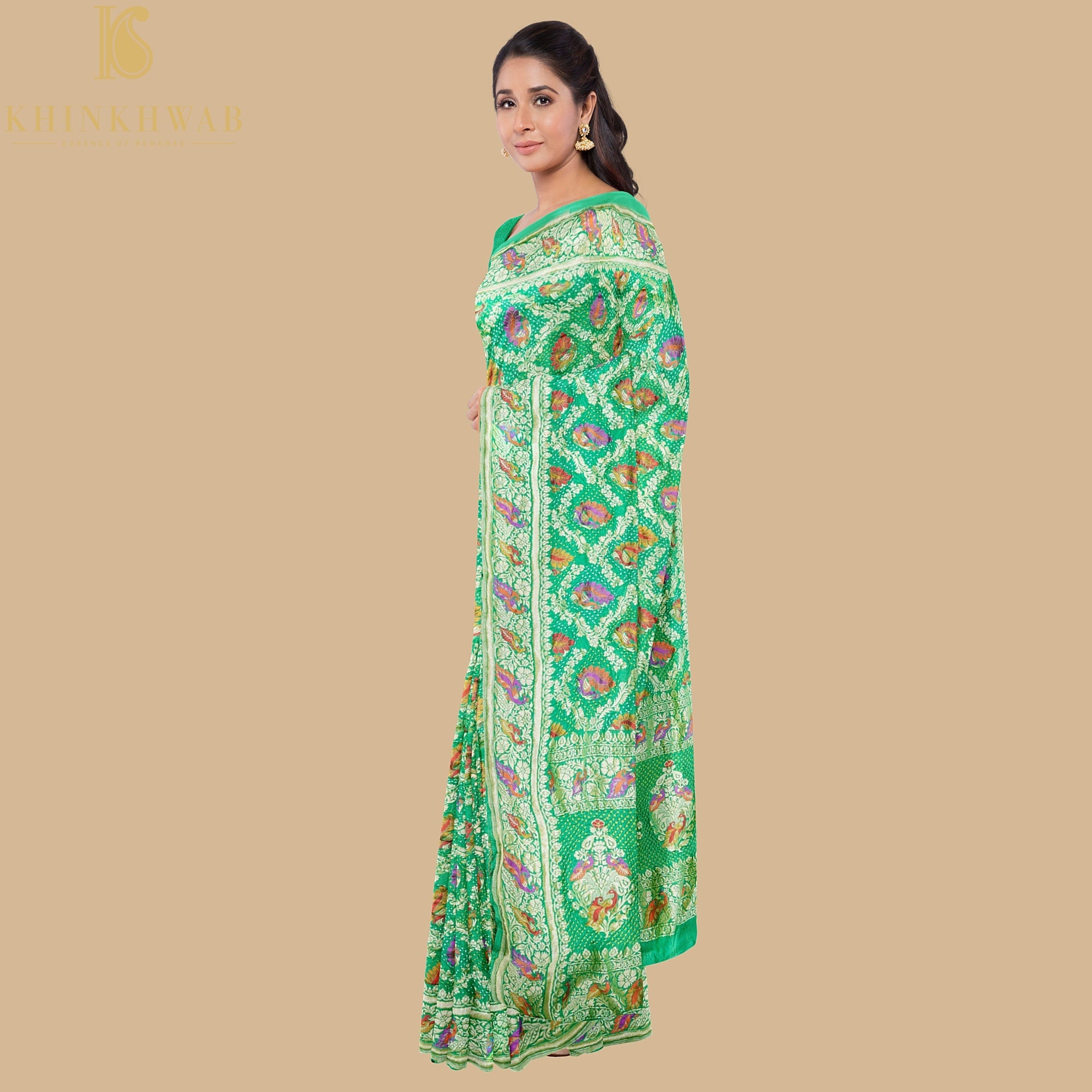 Jade Green Pure Georgette Banarasi Peacock Meena Bandhani Saree - Khinkhwab