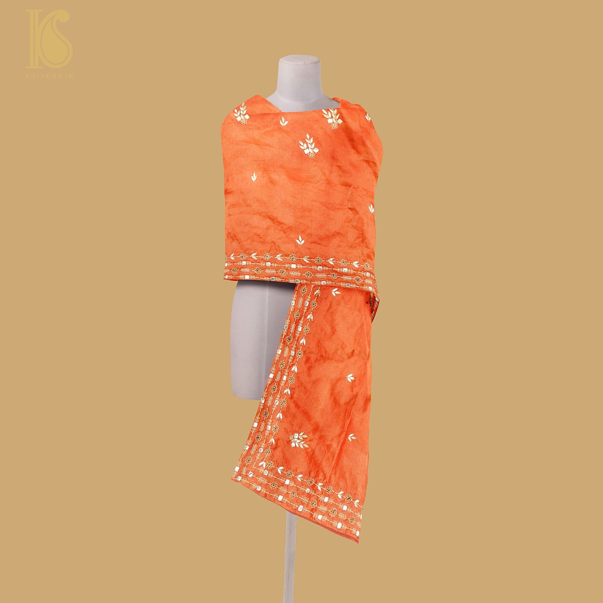Chilean Fire Orange Pure Tissue Silk Embroidery Dupatta - Khinkhwab