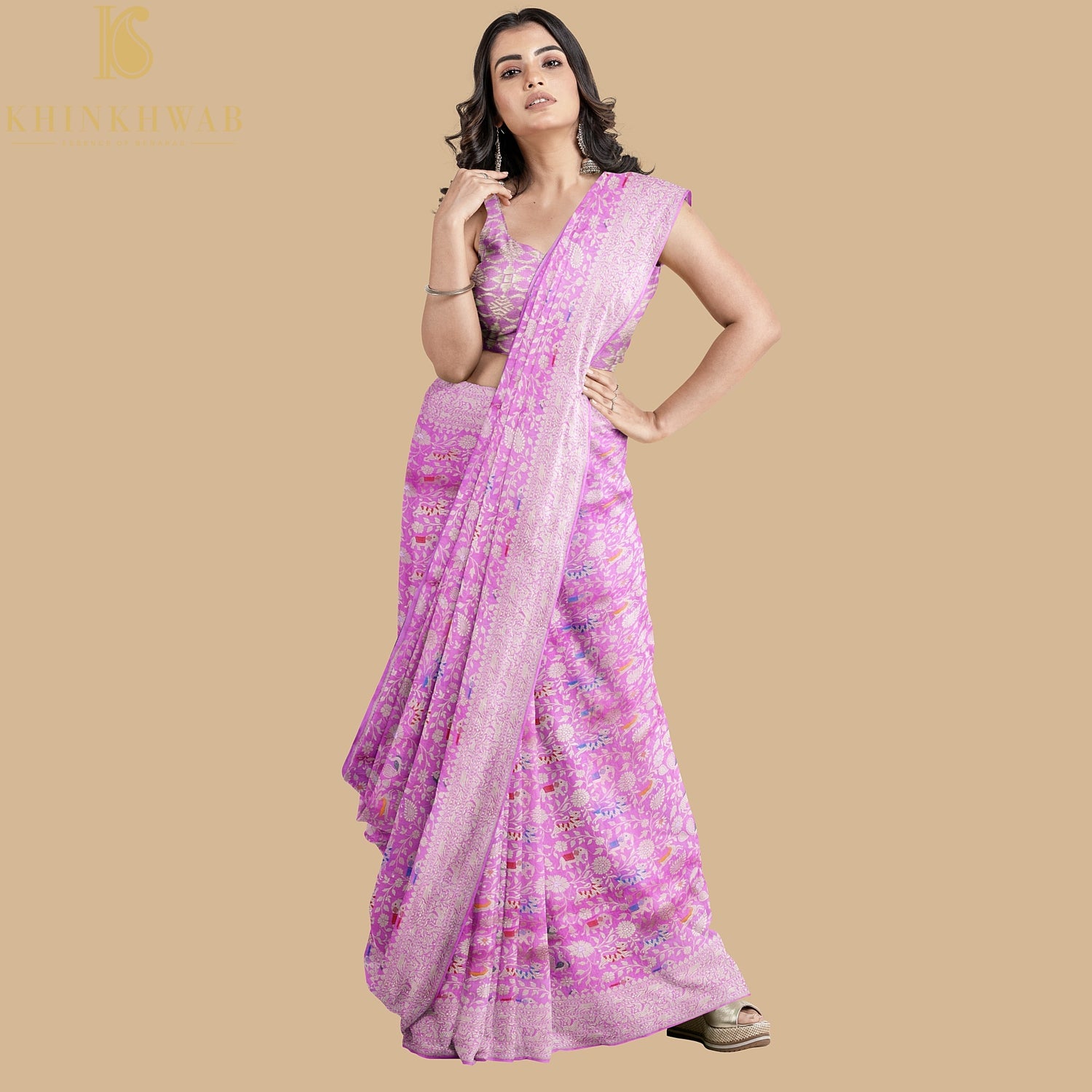 Handloom Katan Silk Orchid Pink Banarasi Shikargah Saree - Khinkhwab