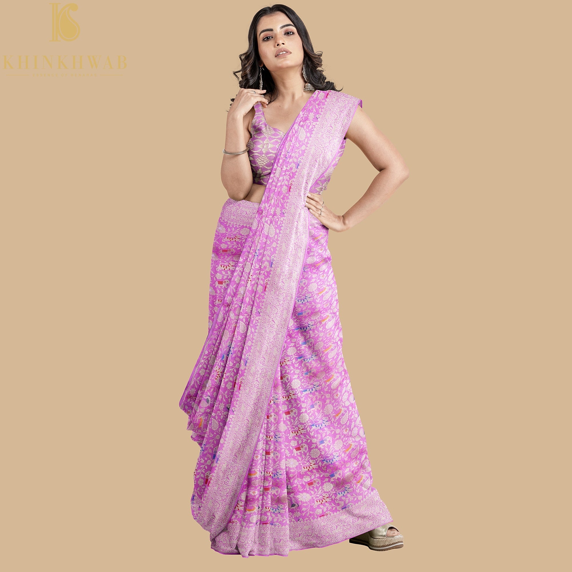 Handloom Katan Silk Orchid Pink Banarasi Shikargah Saree - Khinkhwab