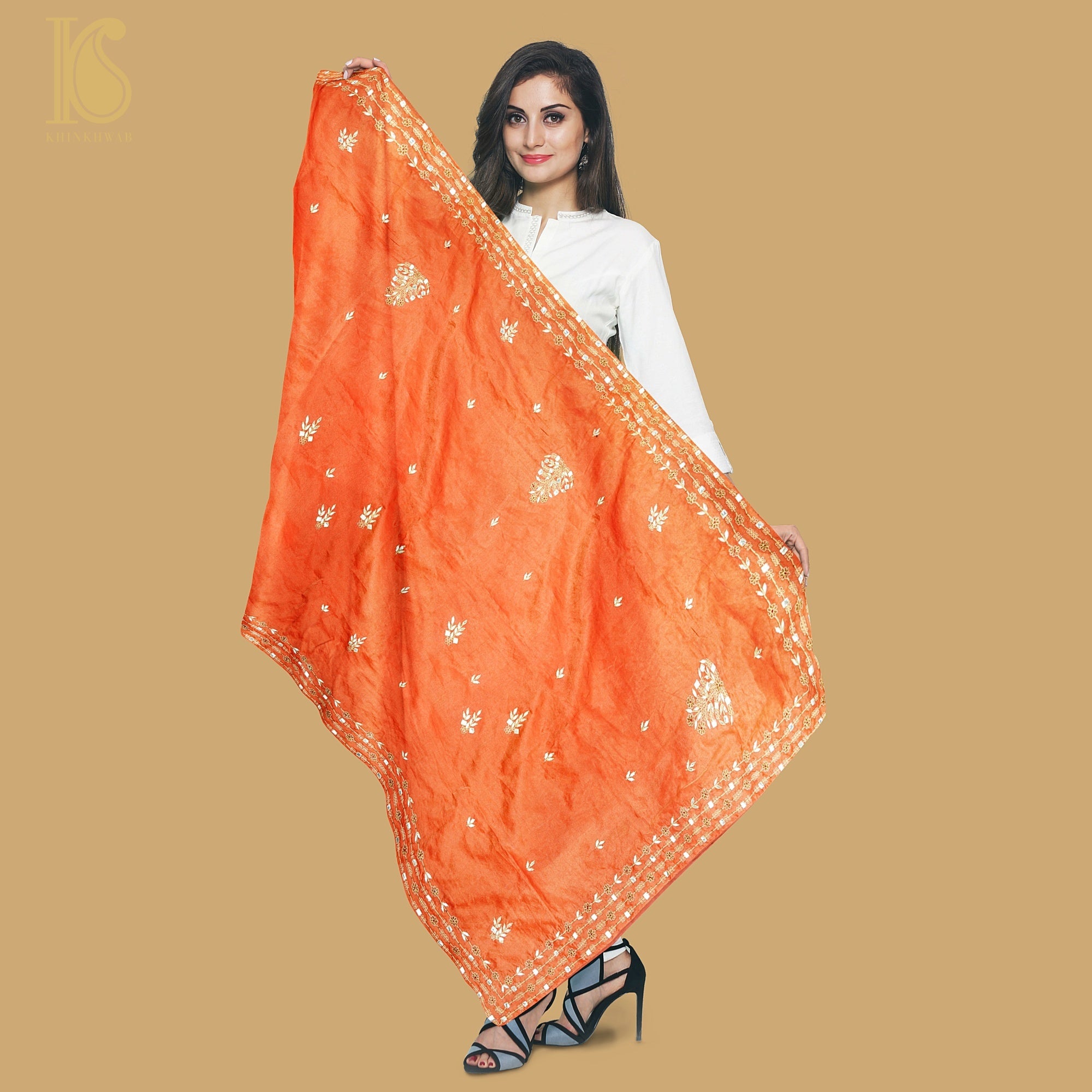 Chilean Fire Orange Pure Tissue Silk Embroidery Dupatta - Khinkhwab